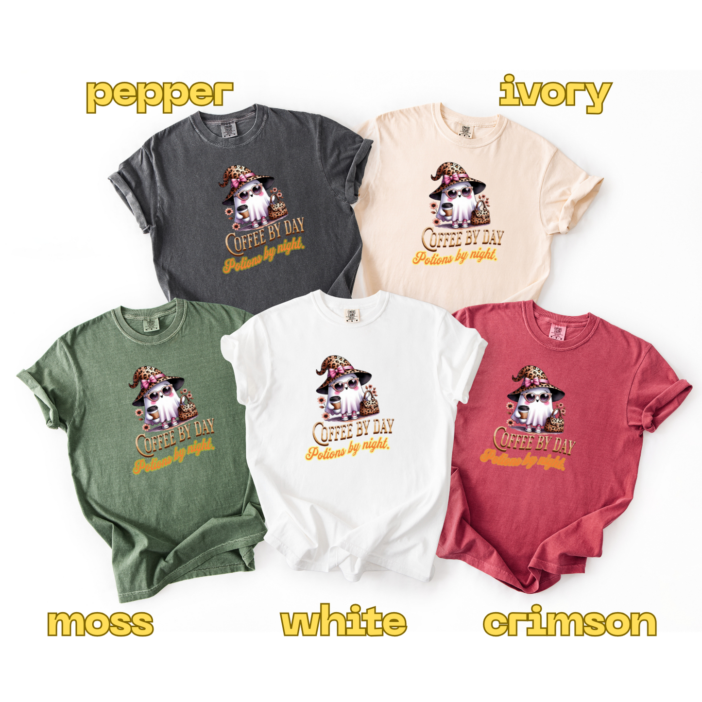 Five t-shirts in different colors with a printed design on a white background.