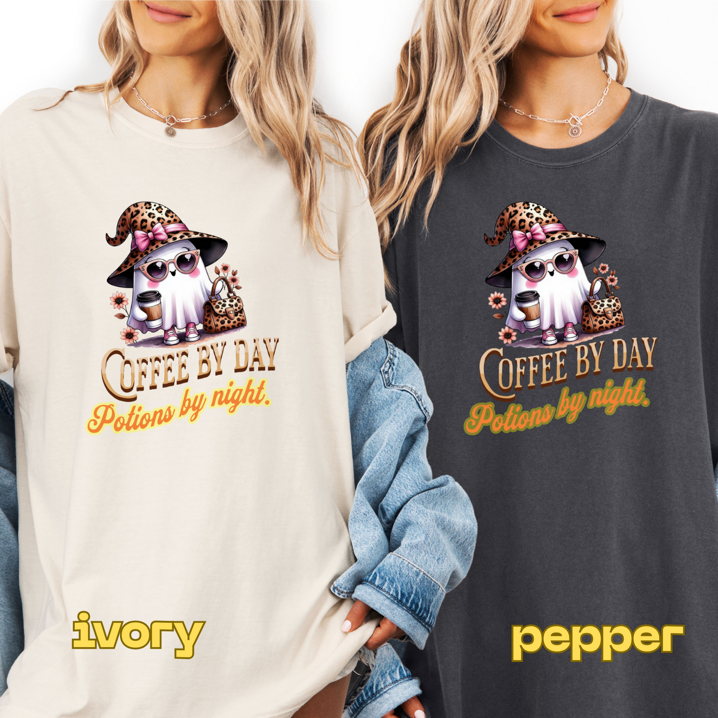 Two people wearing t-shirts with a ghost design and text 'Coffee by day, Potions by night' on a white background.