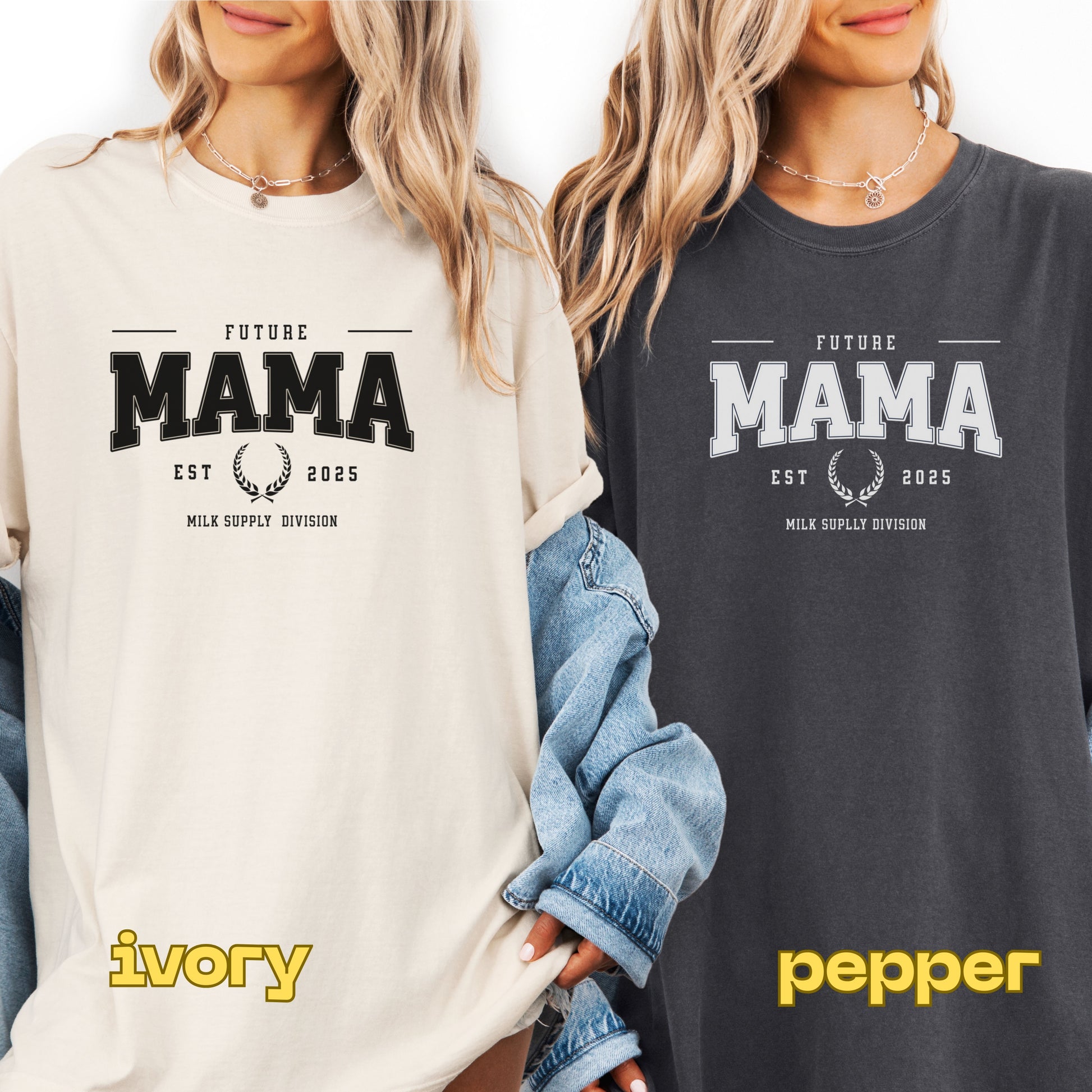 Two people wearing 'Future Mama' t-shirts in ivory and pepper colors.