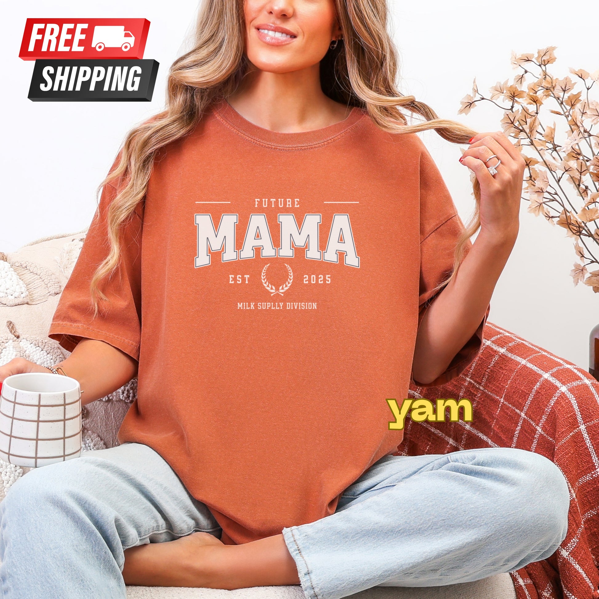 Woman wearing a 'Future Mama' t-shirt with free shipping label