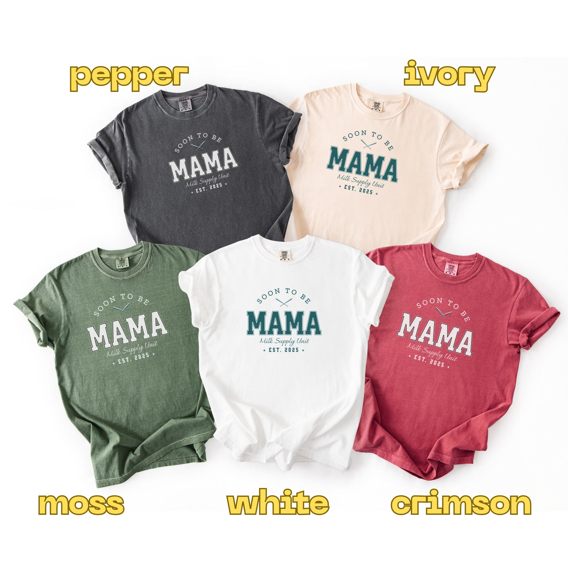 Five 'Soon to be Mama' t-shirts in different colors on a white background.