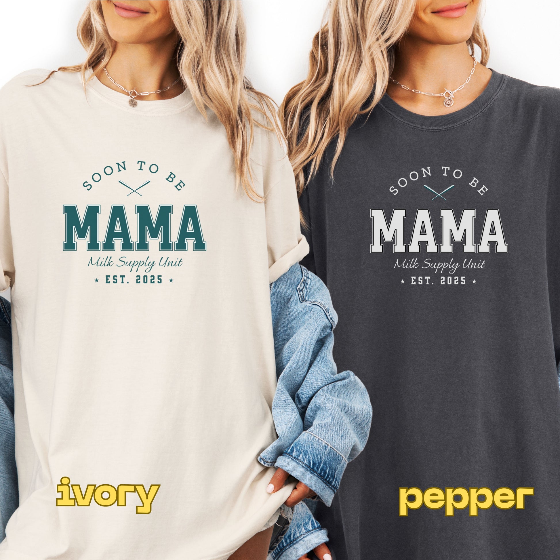 Two women wearing 'Soon to be Mama' shirts in ivory and pepper colors.