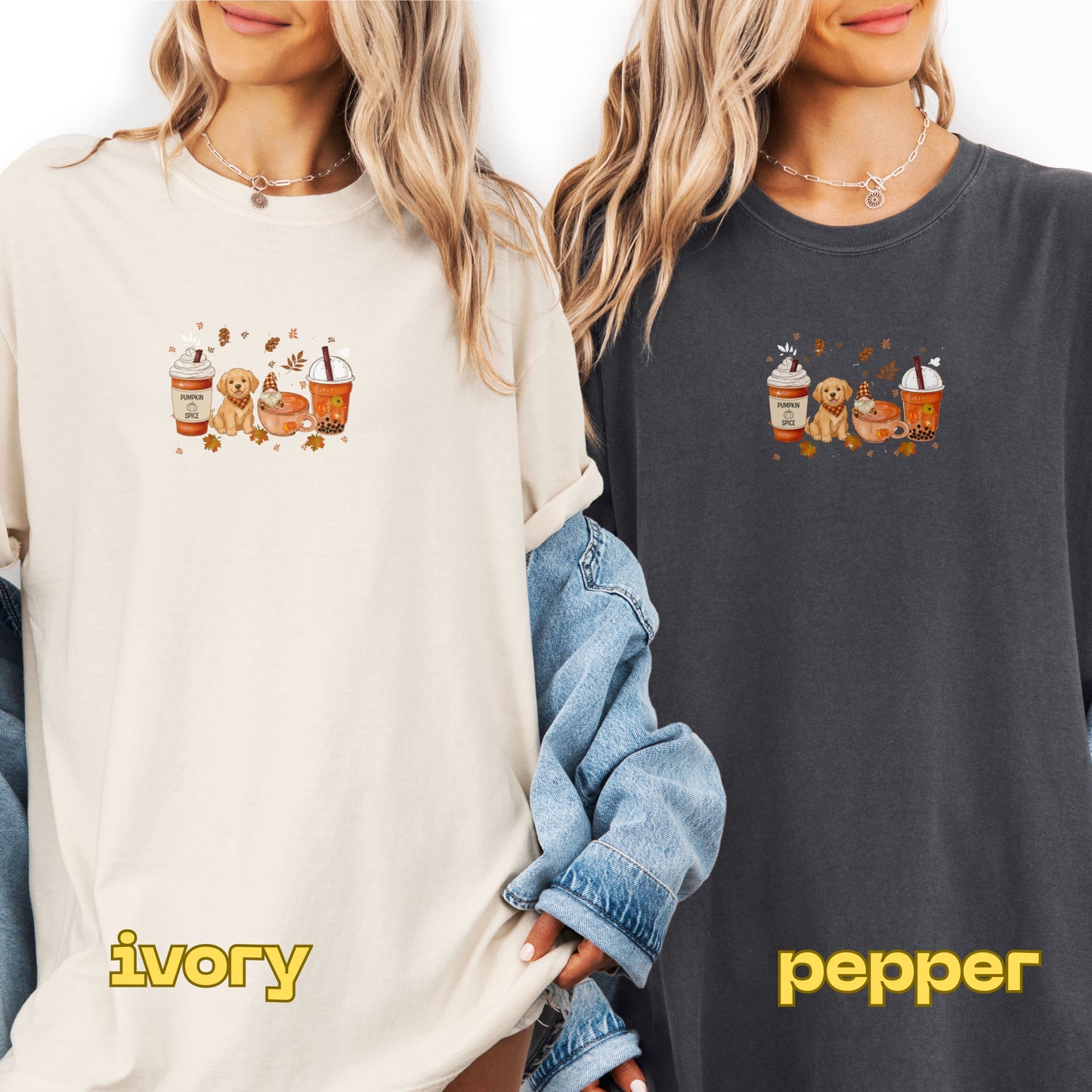 Two people wearing sweatshirts with a graphic design, one labeled 'ivory' and the other labeled 'pepper'.