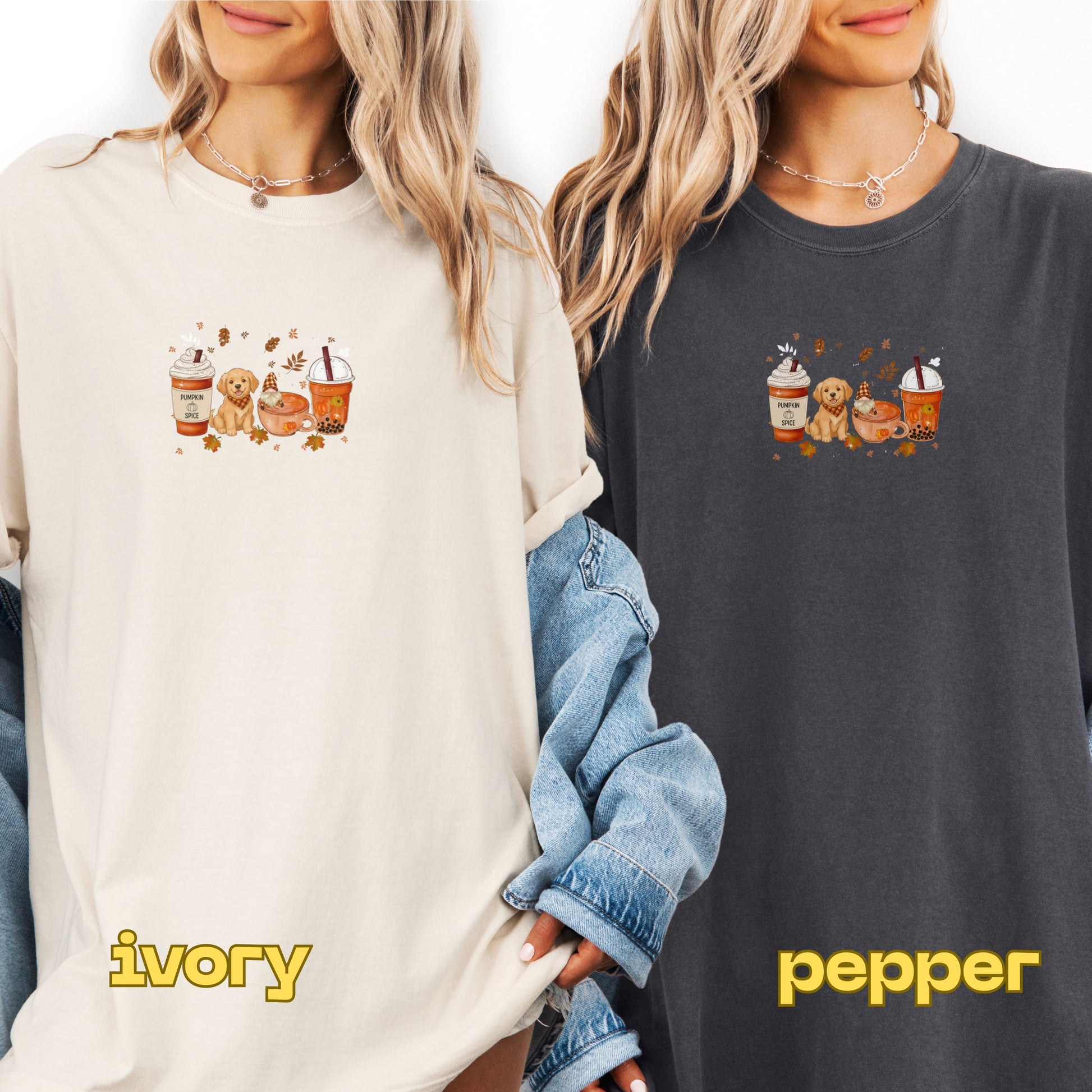 Two people wearing sweatshirts with a graphic design, one labeled 'ivory' and the other labeled 'pepper'.
