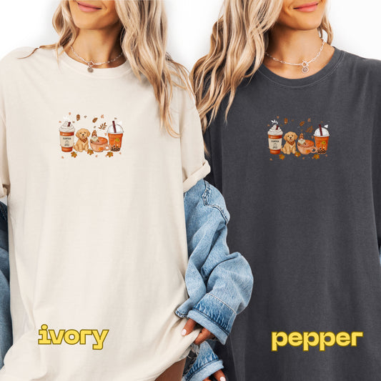 Two people wearing sweatshirts with a graphic design, one labeled 'ivory' and the other labeled 'pepper'.