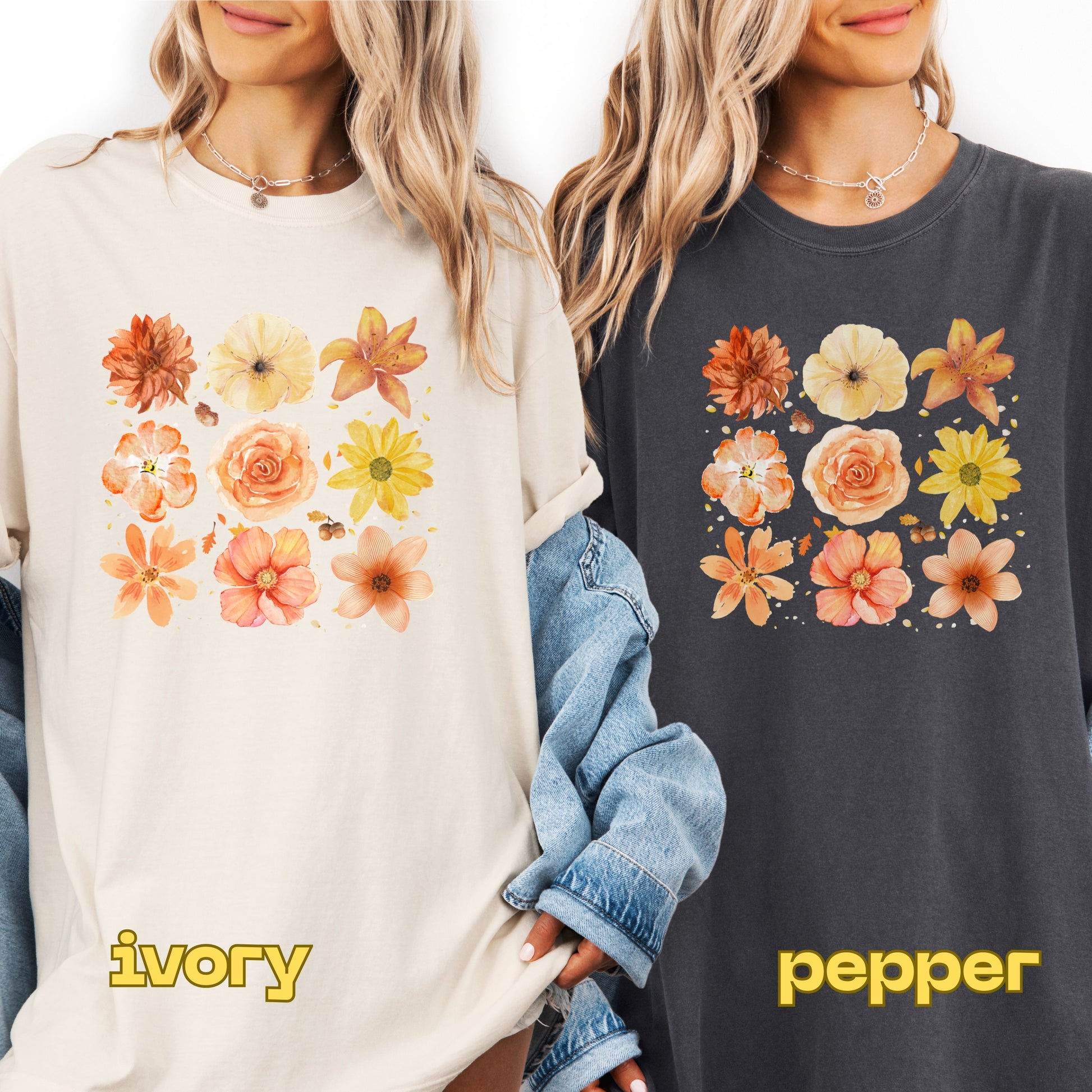 Two people wearing sweatshirts with floral designs, one in ivory and one in pepper color.