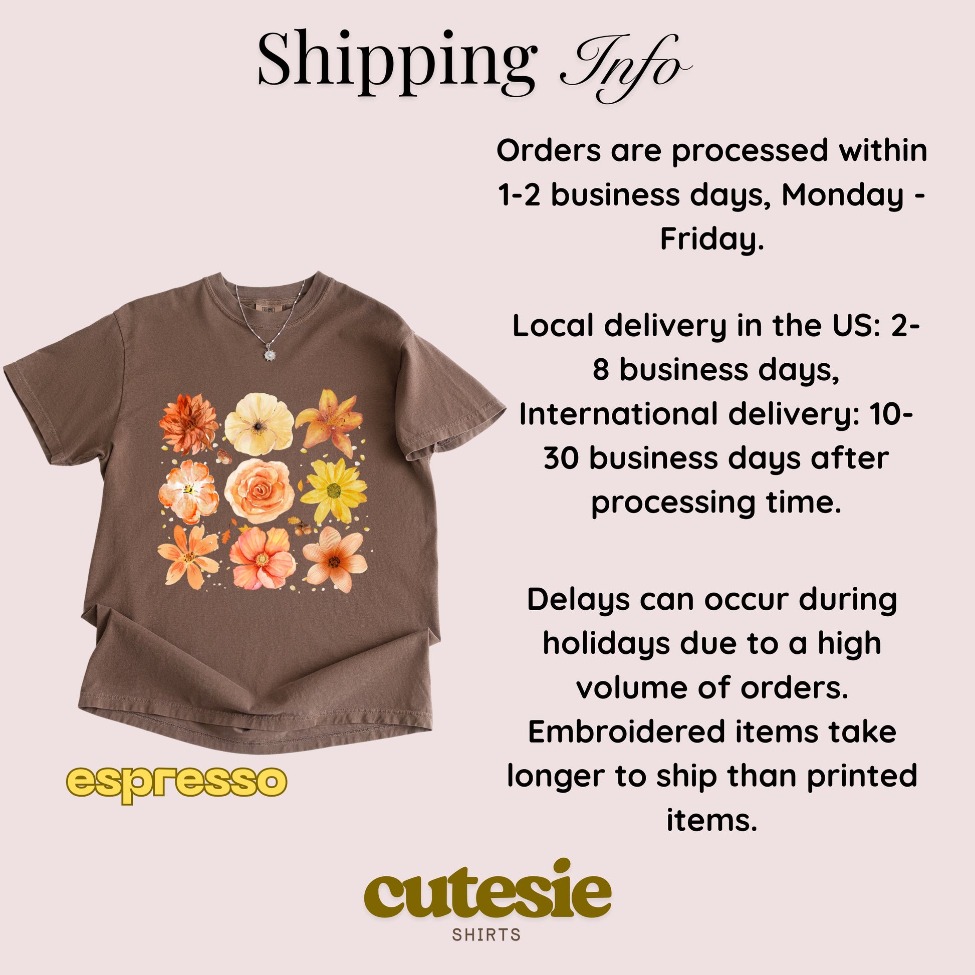Brown t-shirt with floral design and shipping information text on a light pink background