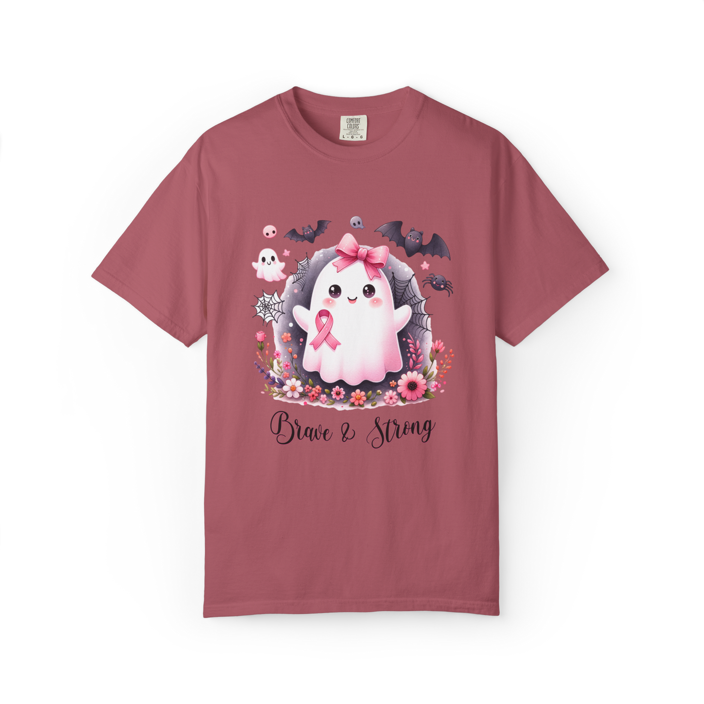 Maroon t-shirt with a cartoon ghost holding a pink ribbon and text 'Brave & Strong' on a white background