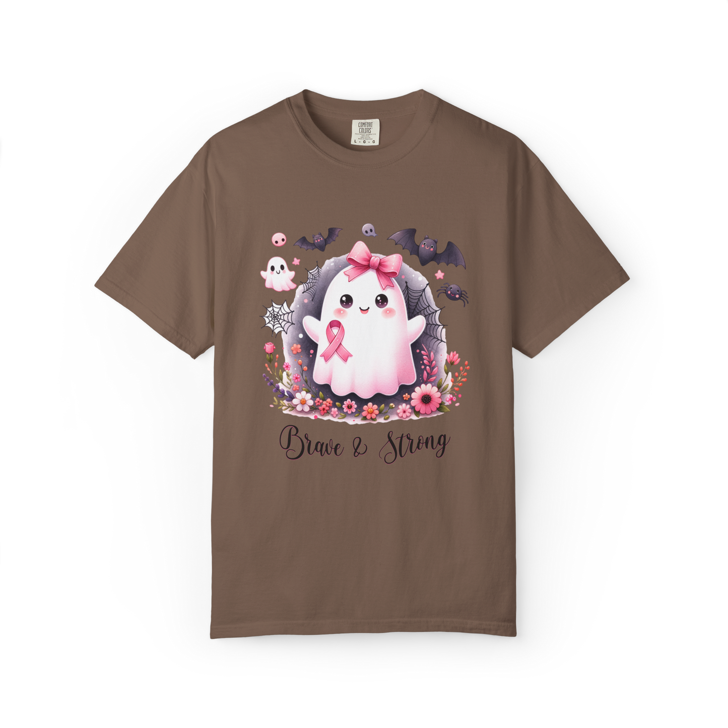 Brown t-shirt with a cartoon ghost holding a pink ribbon and flowers on a white background