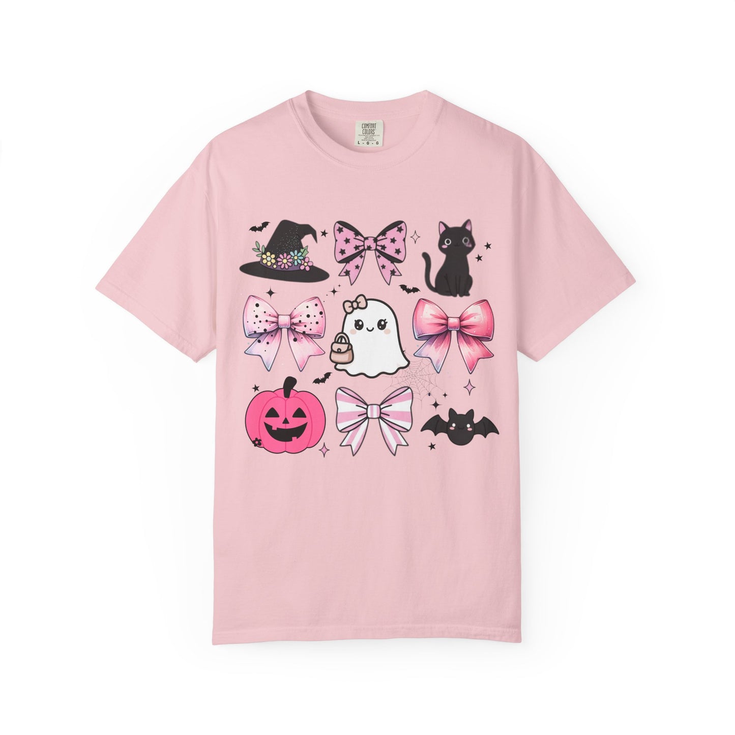 Pink t-shirt with Halloween-themed graphics on a white background