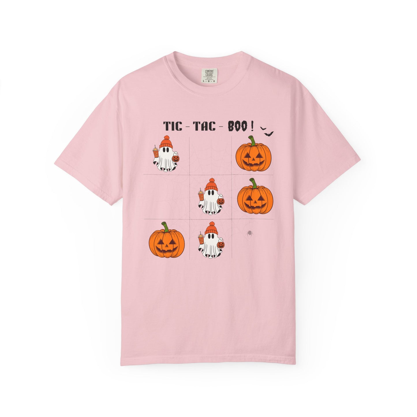 Pink t-shirt with Halloween-themed graphics and text on a white background