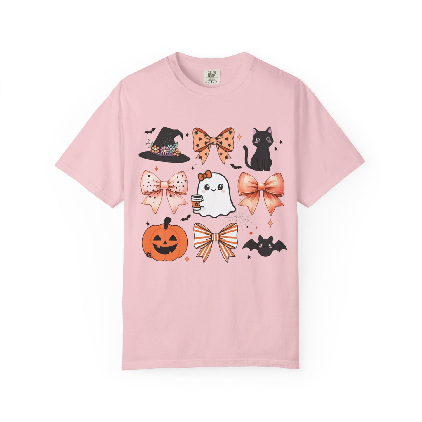 Pink t-shirt with Halloween-themed graphics on a white background