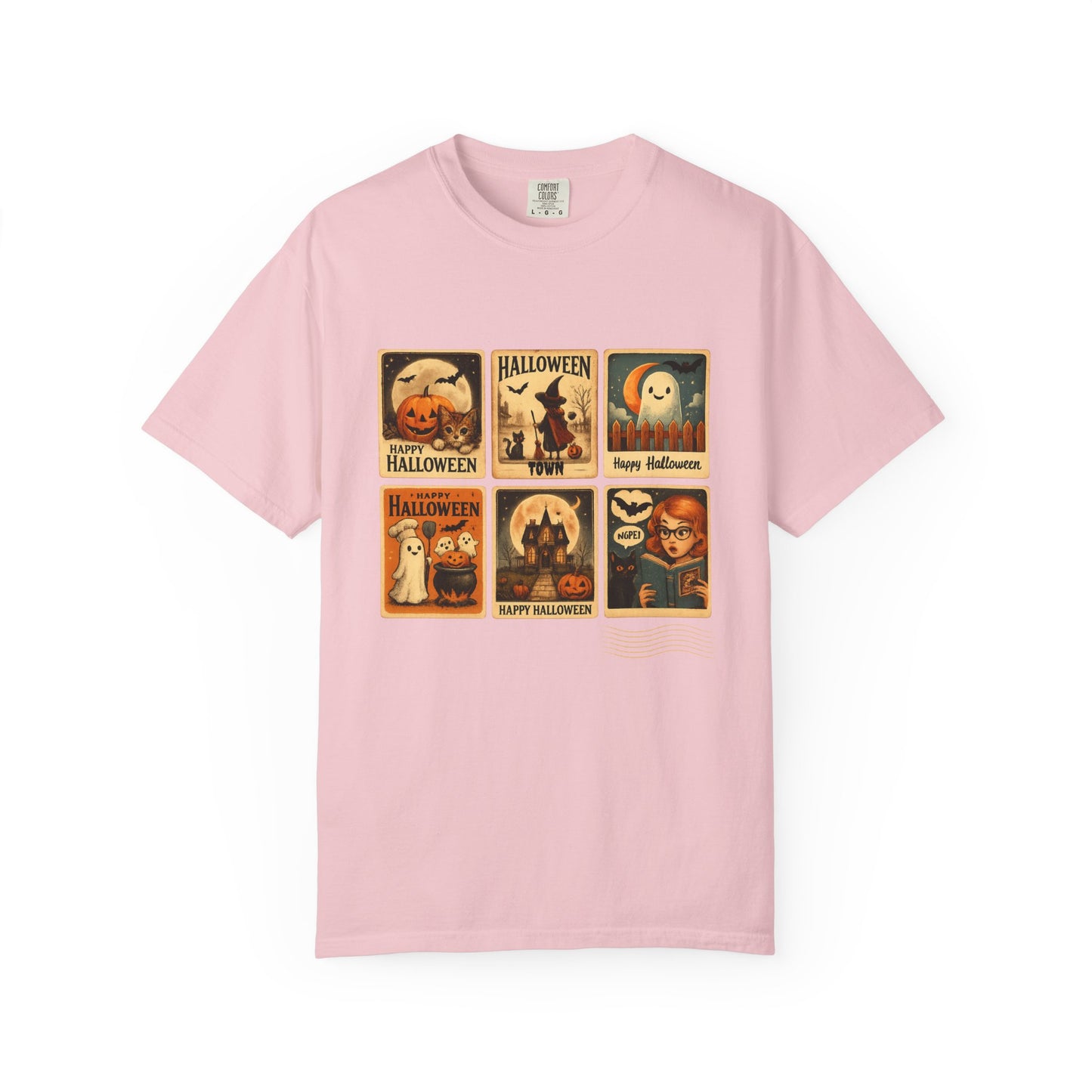 Pink t-shirt with Halloween-themed graphic on a white background