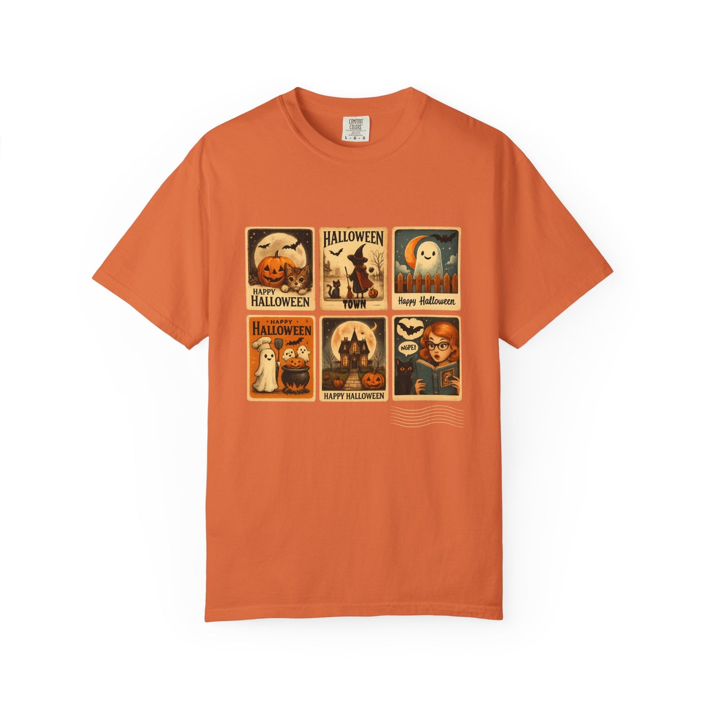 Orange t-shirt with Halloween-themed graphic on a white background