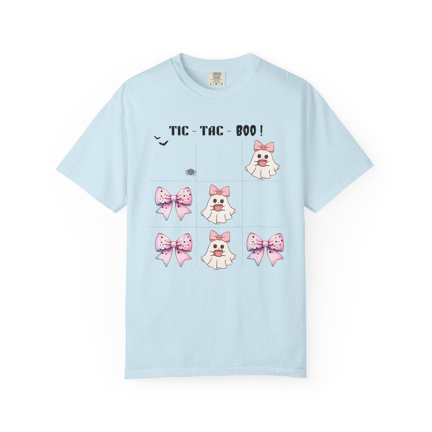 Light blue t-shirt with cartoon designs and text on a white background