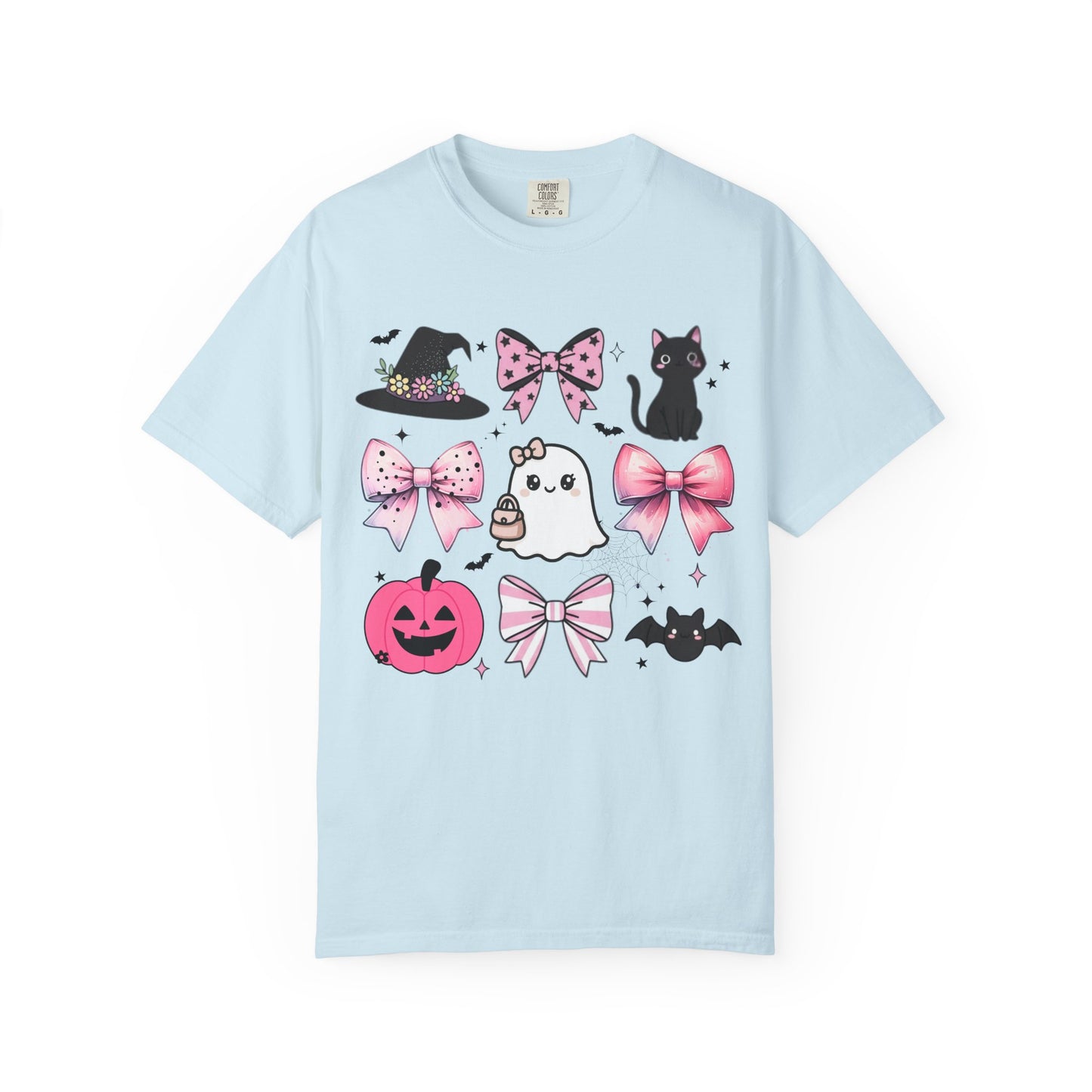Light blue t-shirt with Halloween-themed graphics on a white background