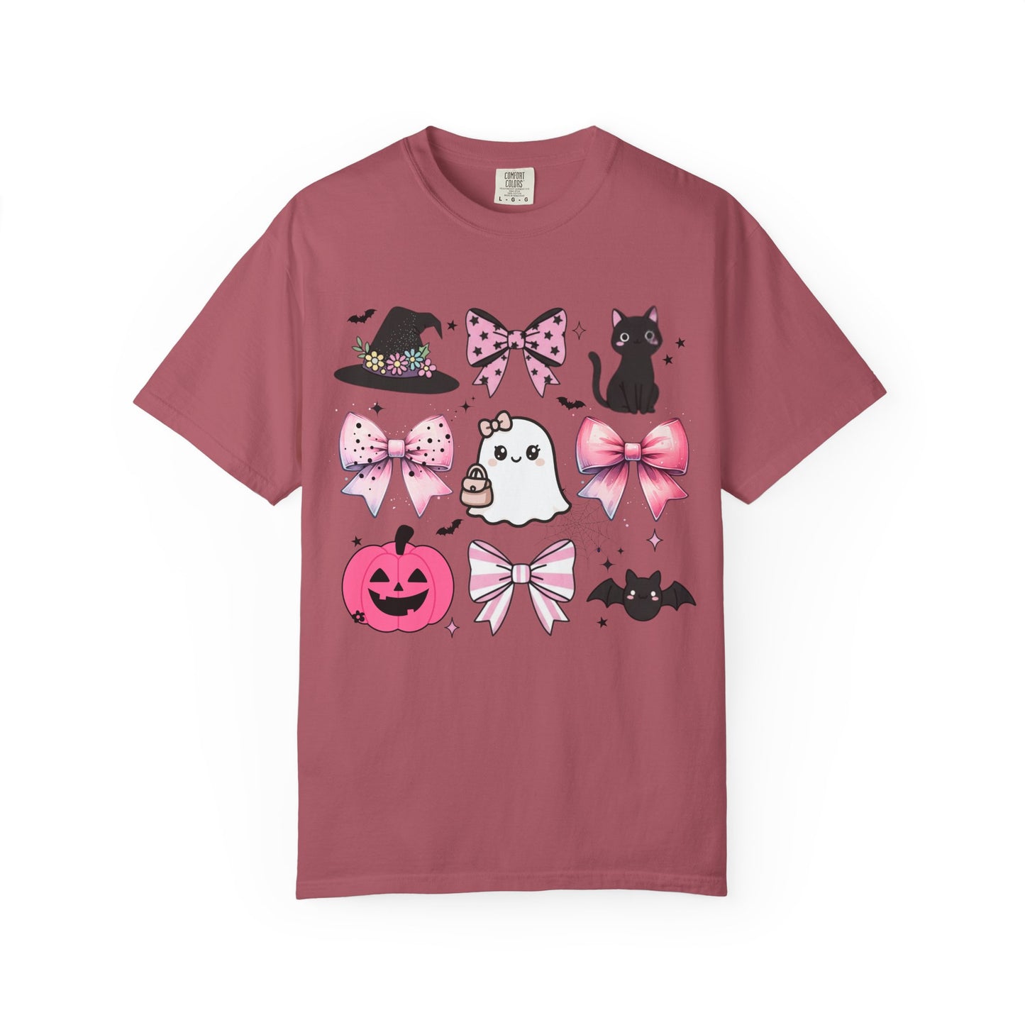 Pink t-shirt with Halloween-themed graphics on a white background