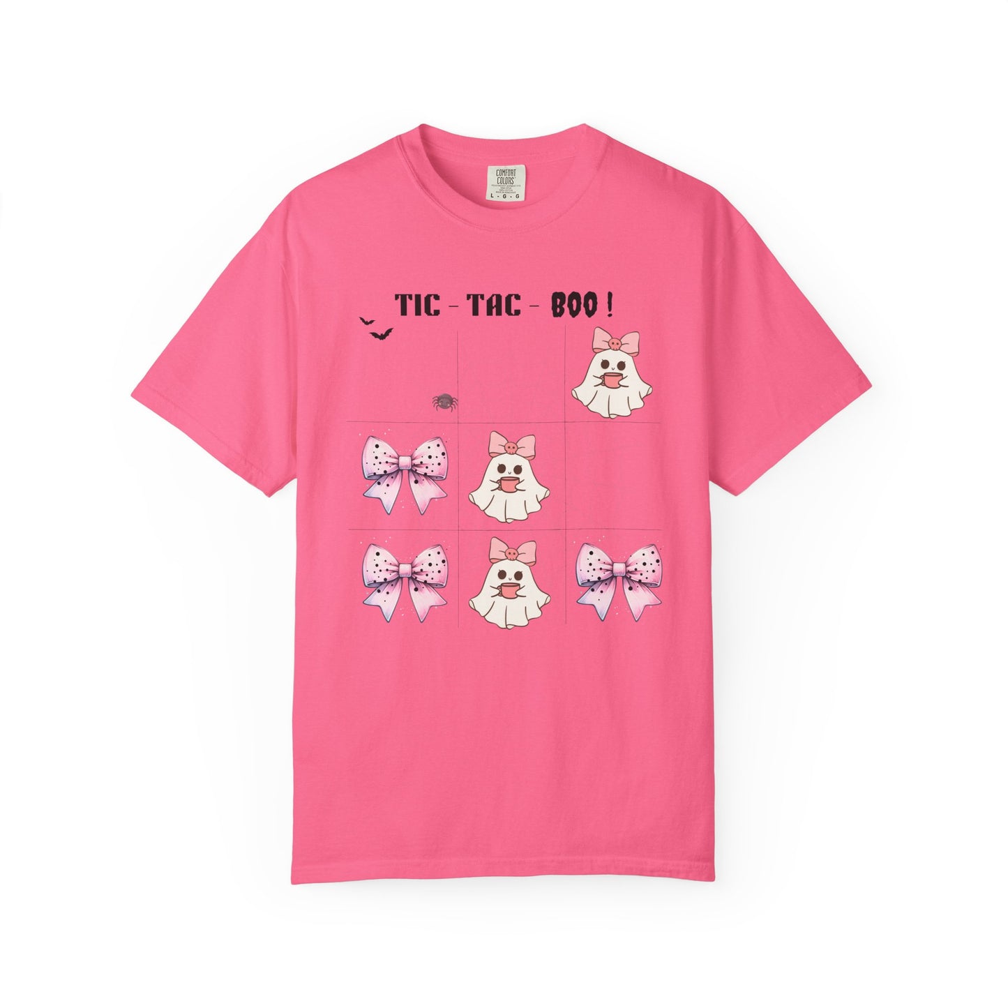 Pink t-shirt with cartoon designs and text on a white background