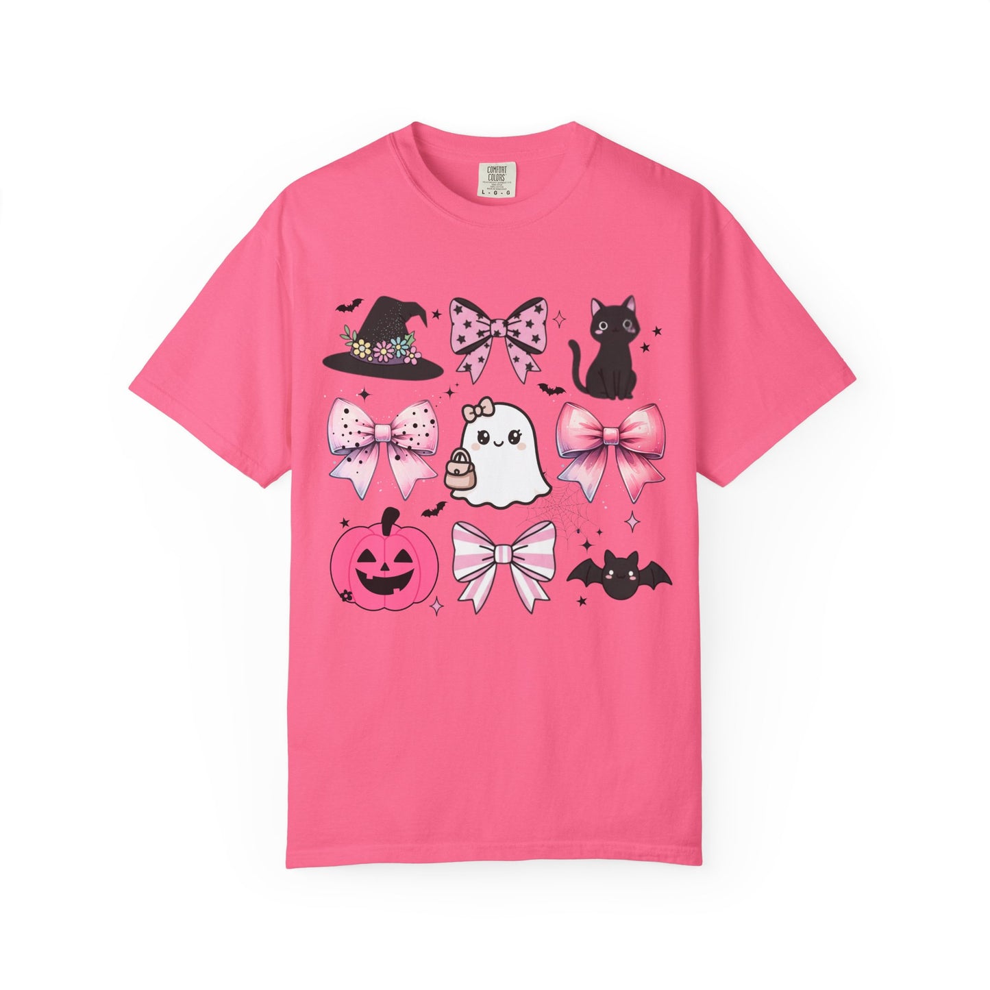 Pink t-shirt with Halloween-themed graphics on a white background