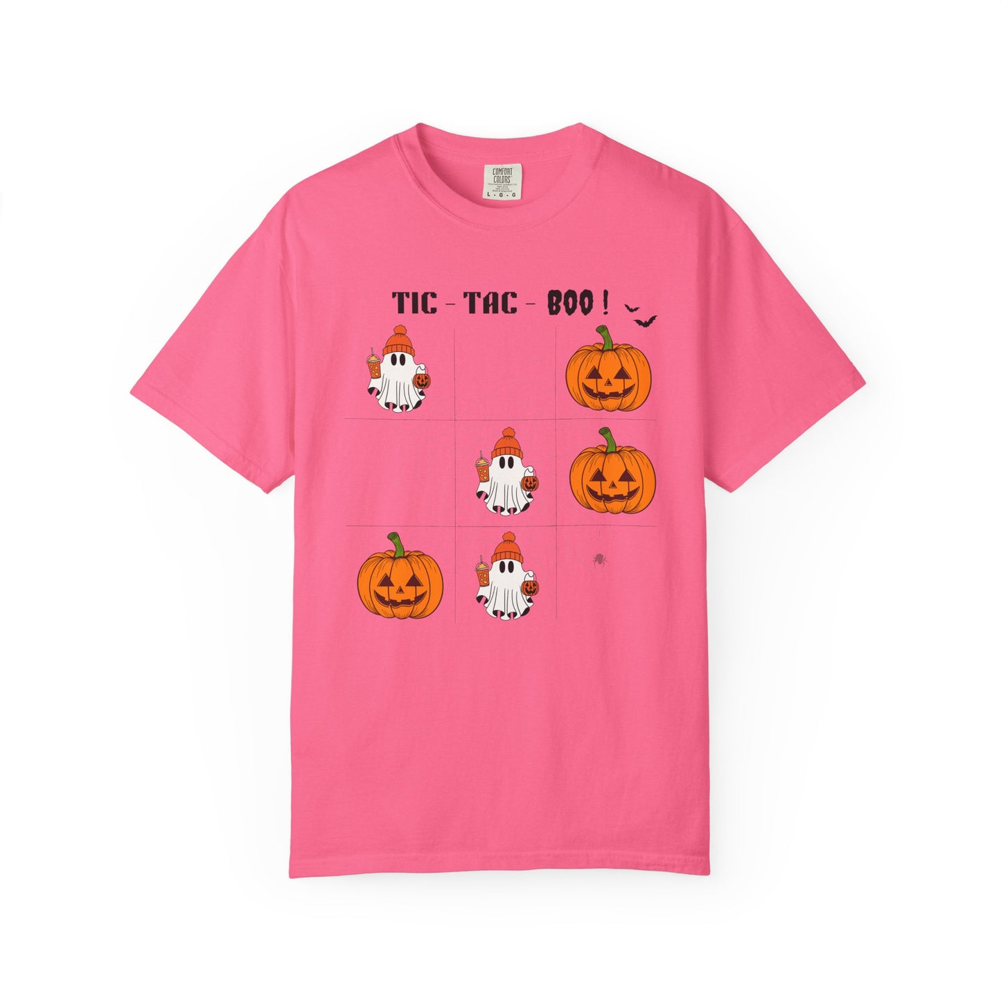 Pink t-shirt with Halloween-themed graphics and text on a white background