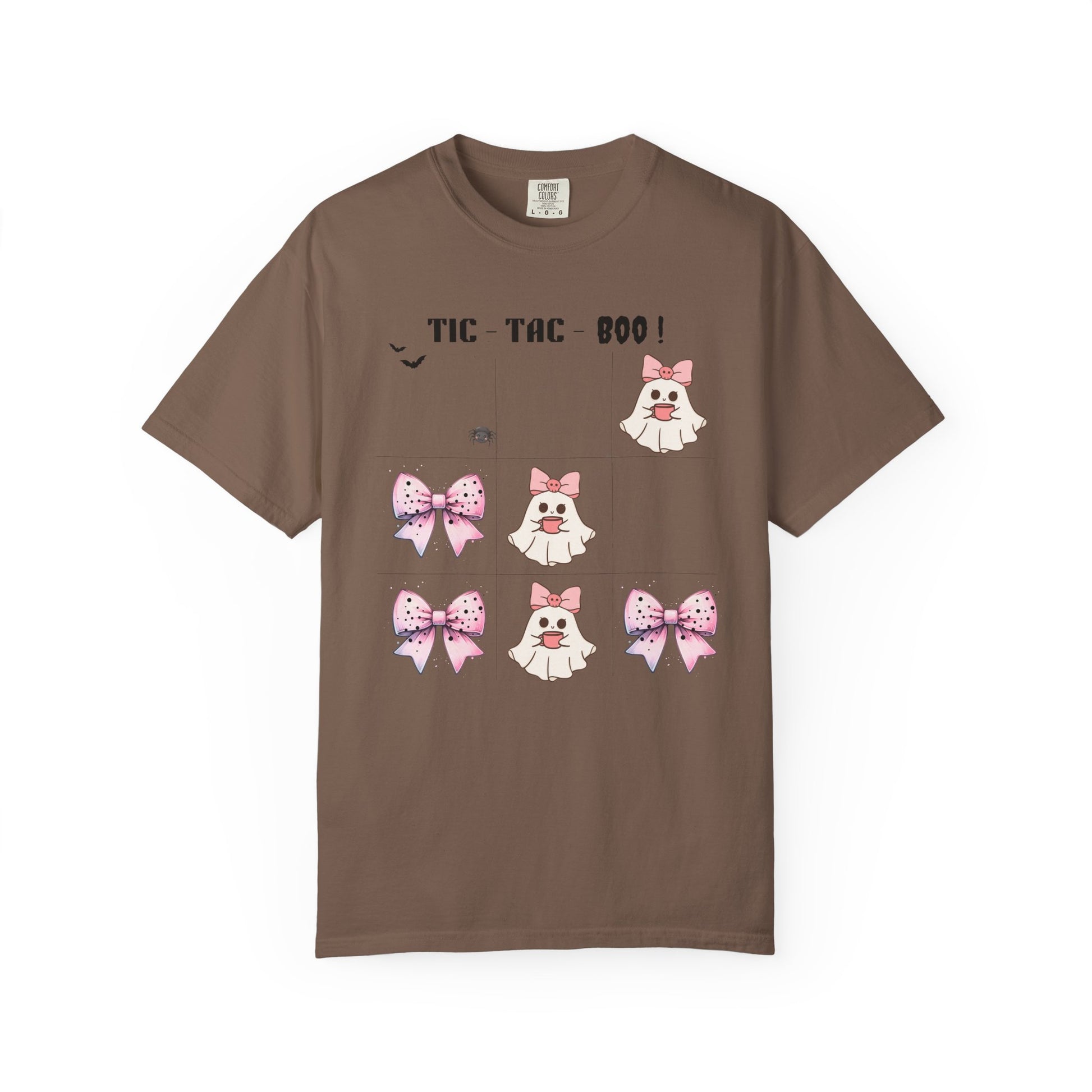 Brown t-shirt with cartoon ghosts and bows design on a white background