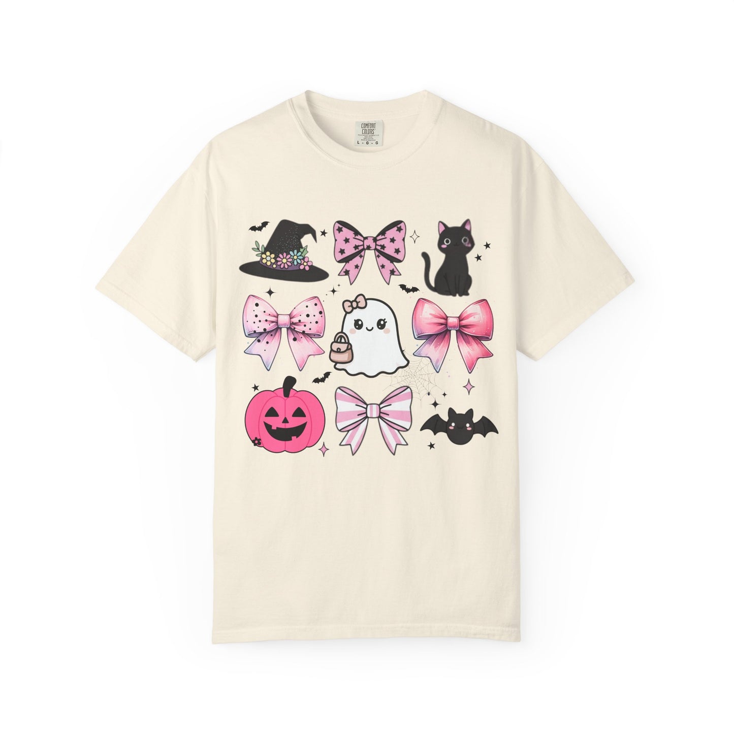 Beige t-shirt with Halloween-themed graphics on a white background