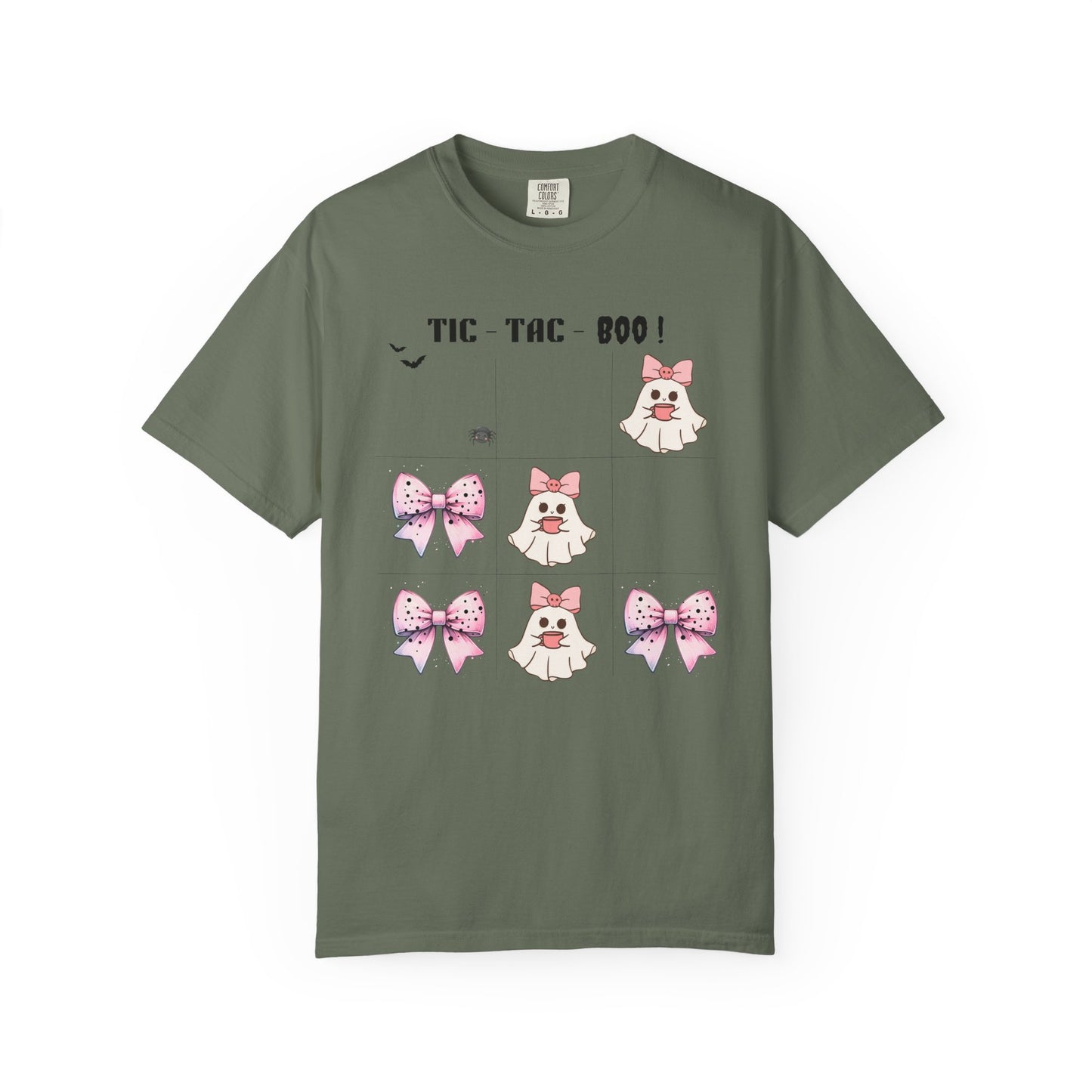 Green t-shirt with cartoon ghosts and pink bows on a white background
