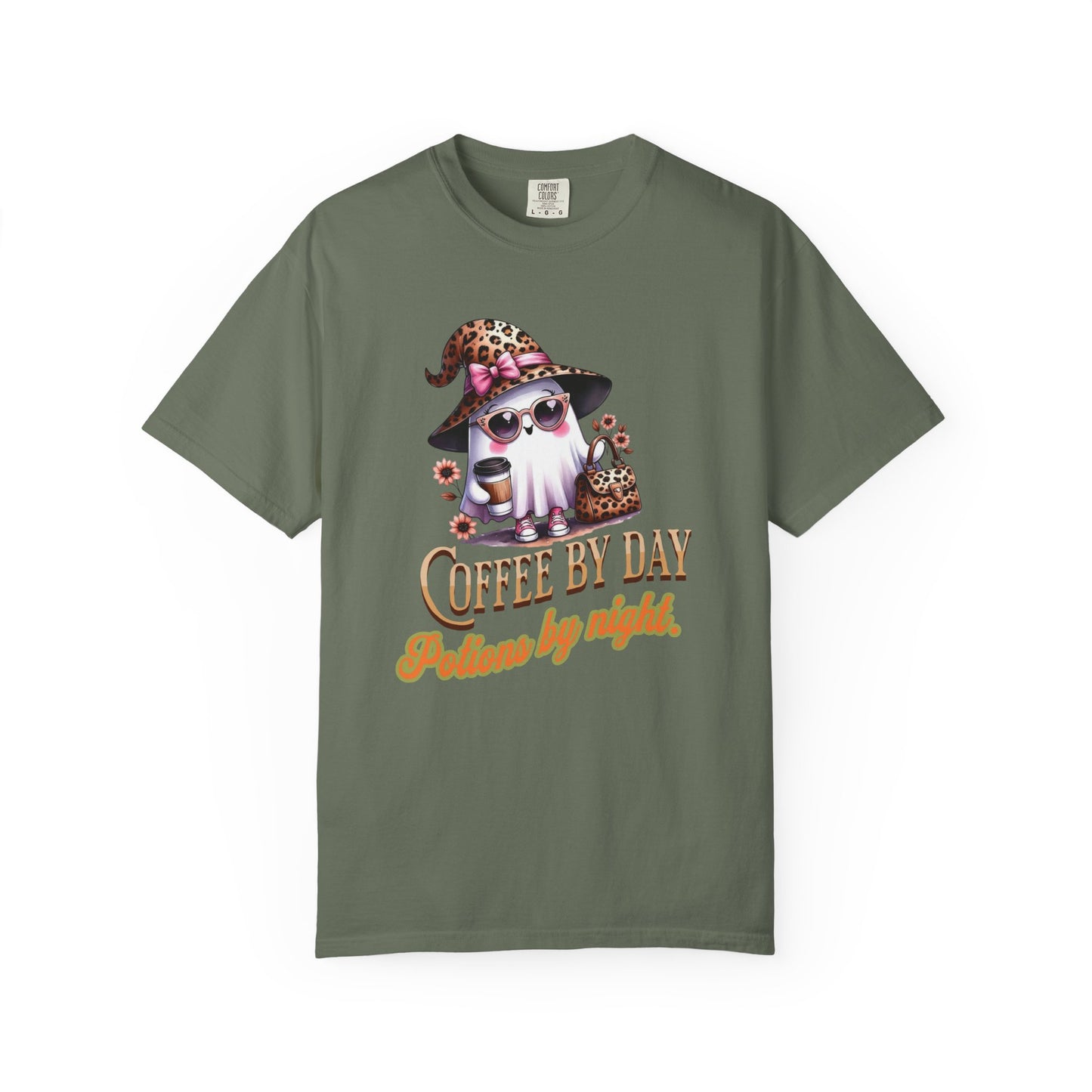 Green t-shirt with a cat graphic and text 'Coffee by day, Potion by night' on a white background