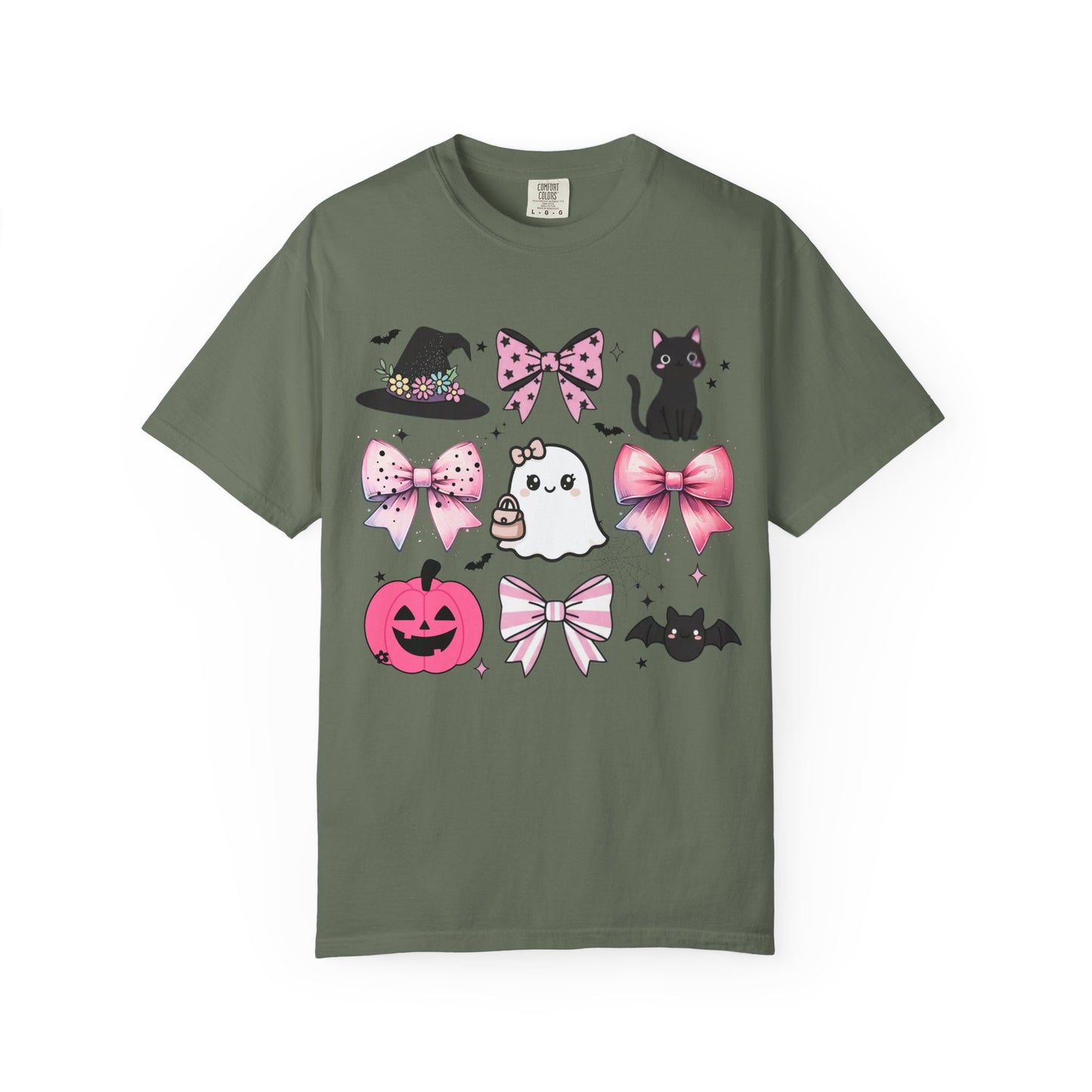 Green t-shirt with Halloween-themed graphics on a white background