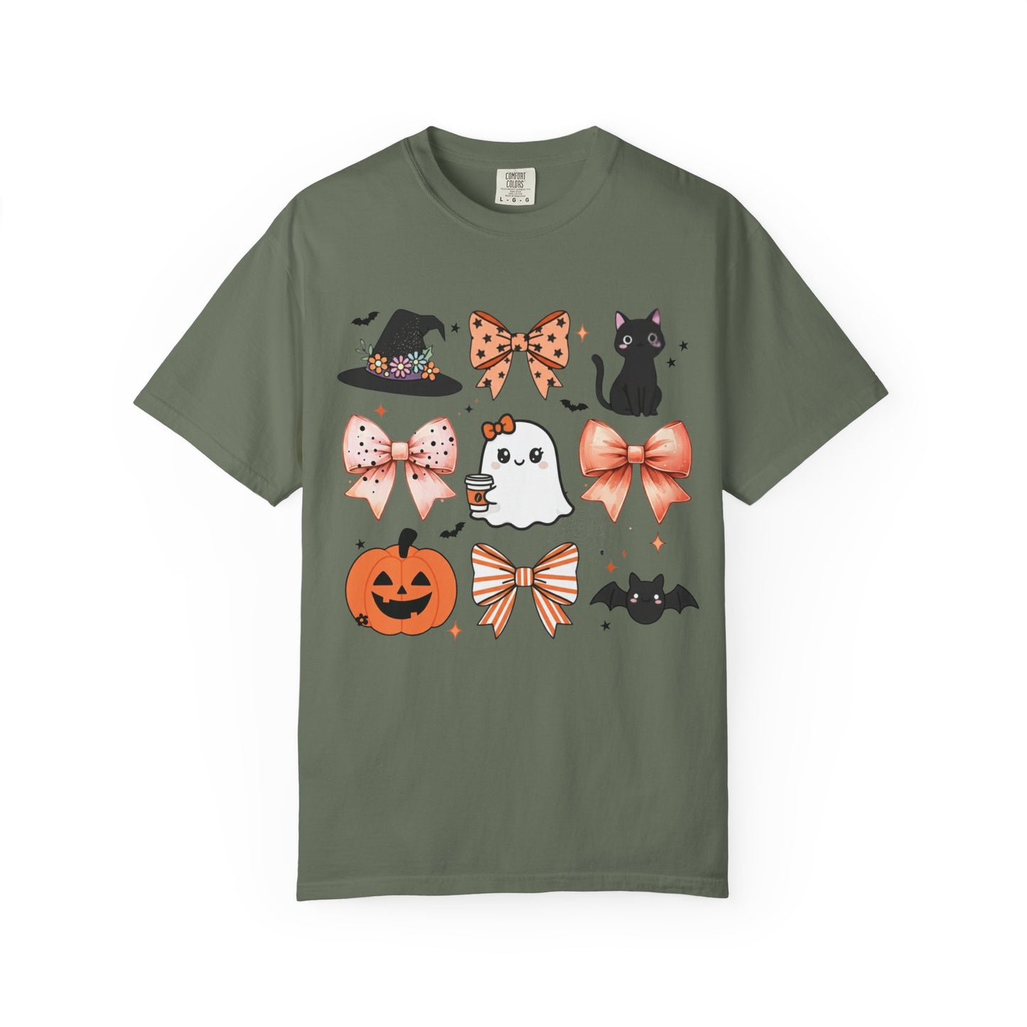 Green t-shirt with Halloween-themed graphics on a white background