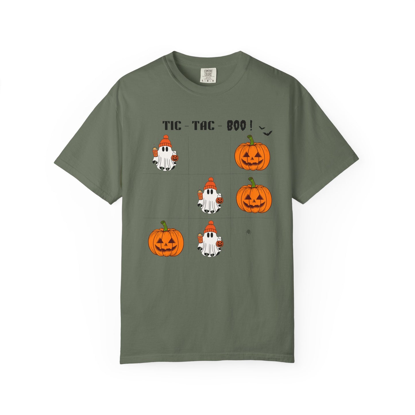 Green t-shirt with Halloween-themed graphics on a white background