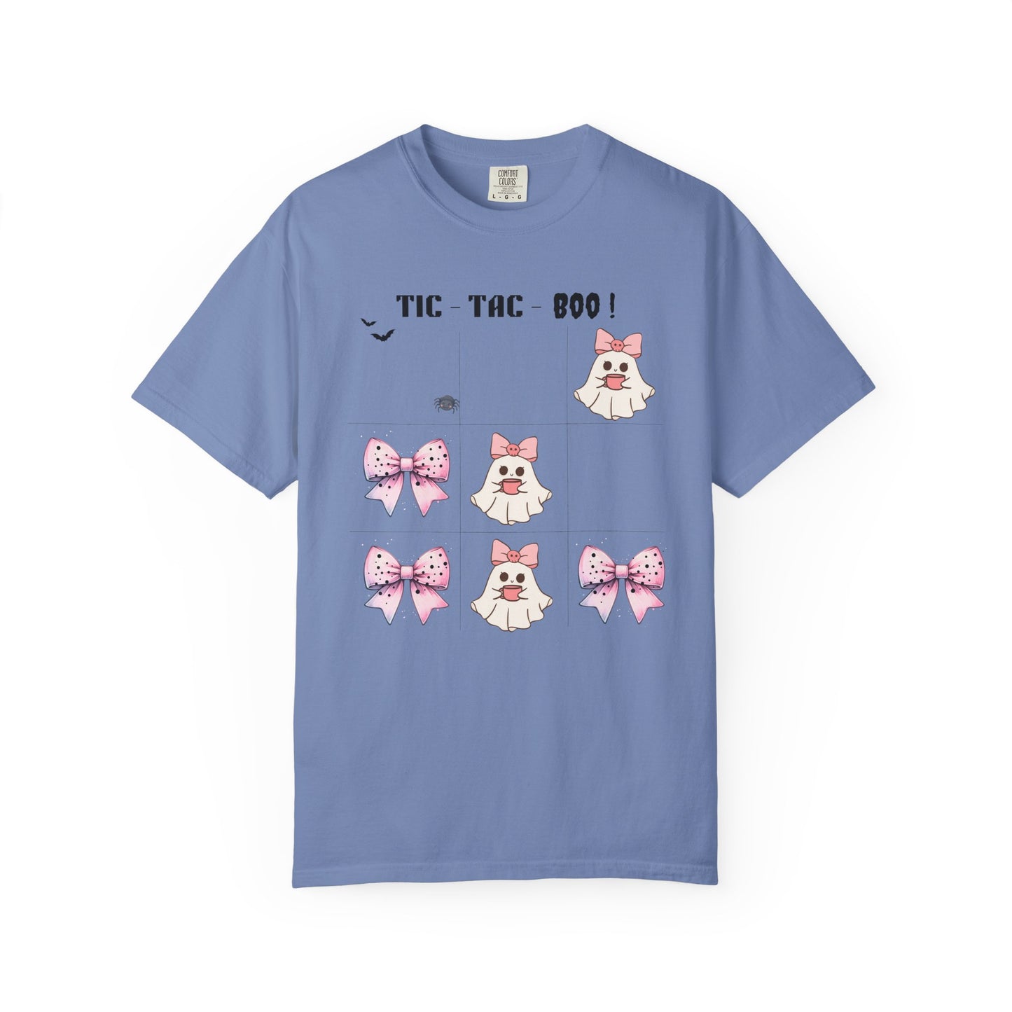 Blue t-shirt with cartoon ghost and bow design on a white background