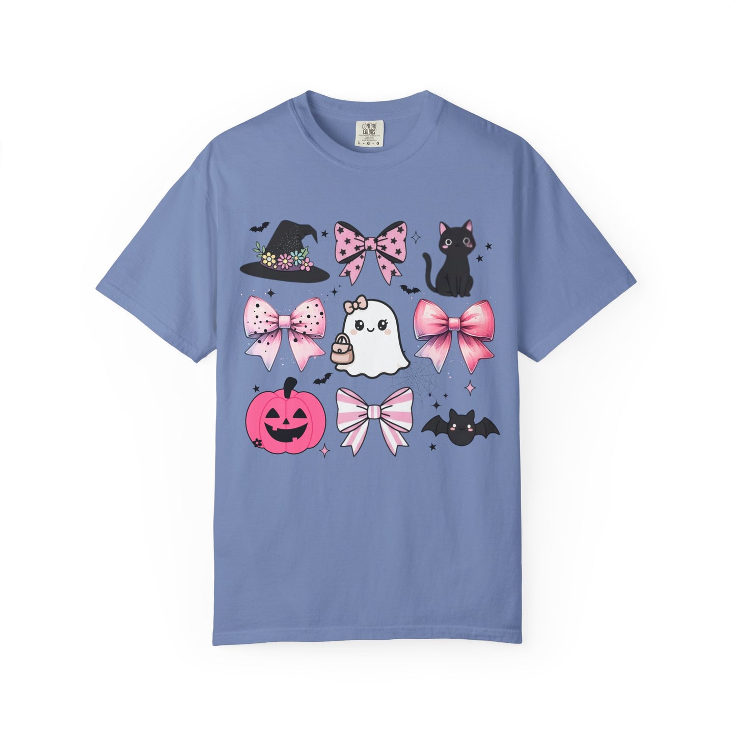 Blue t-shirt with Halloween-themed graphics on a white background