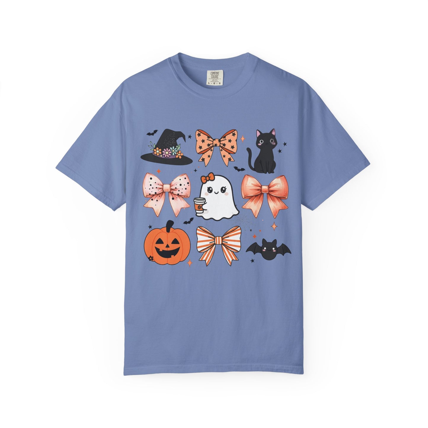 Blue t-shirt with Halloween-themed graphics on a white background