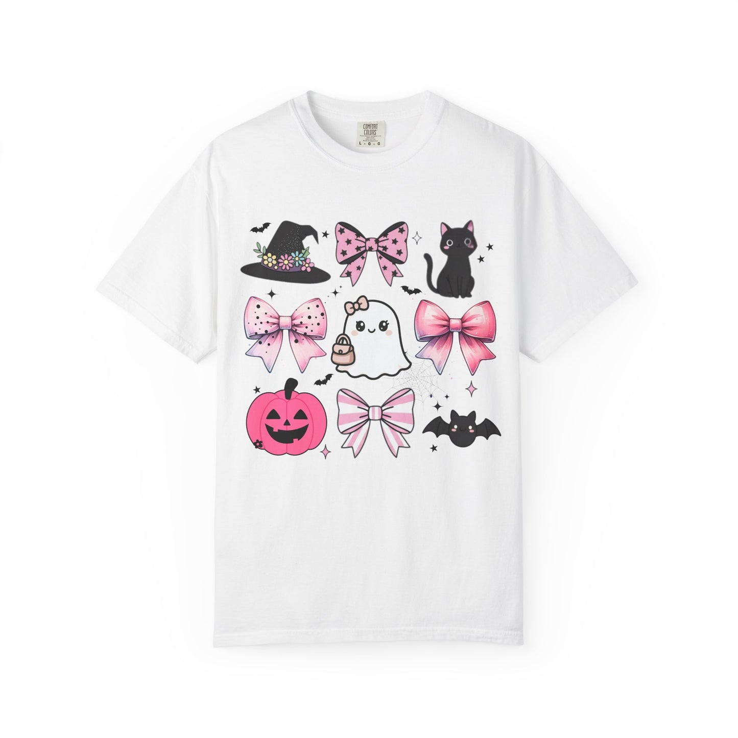White t-shirt with Halloween-themed graphics on a white background