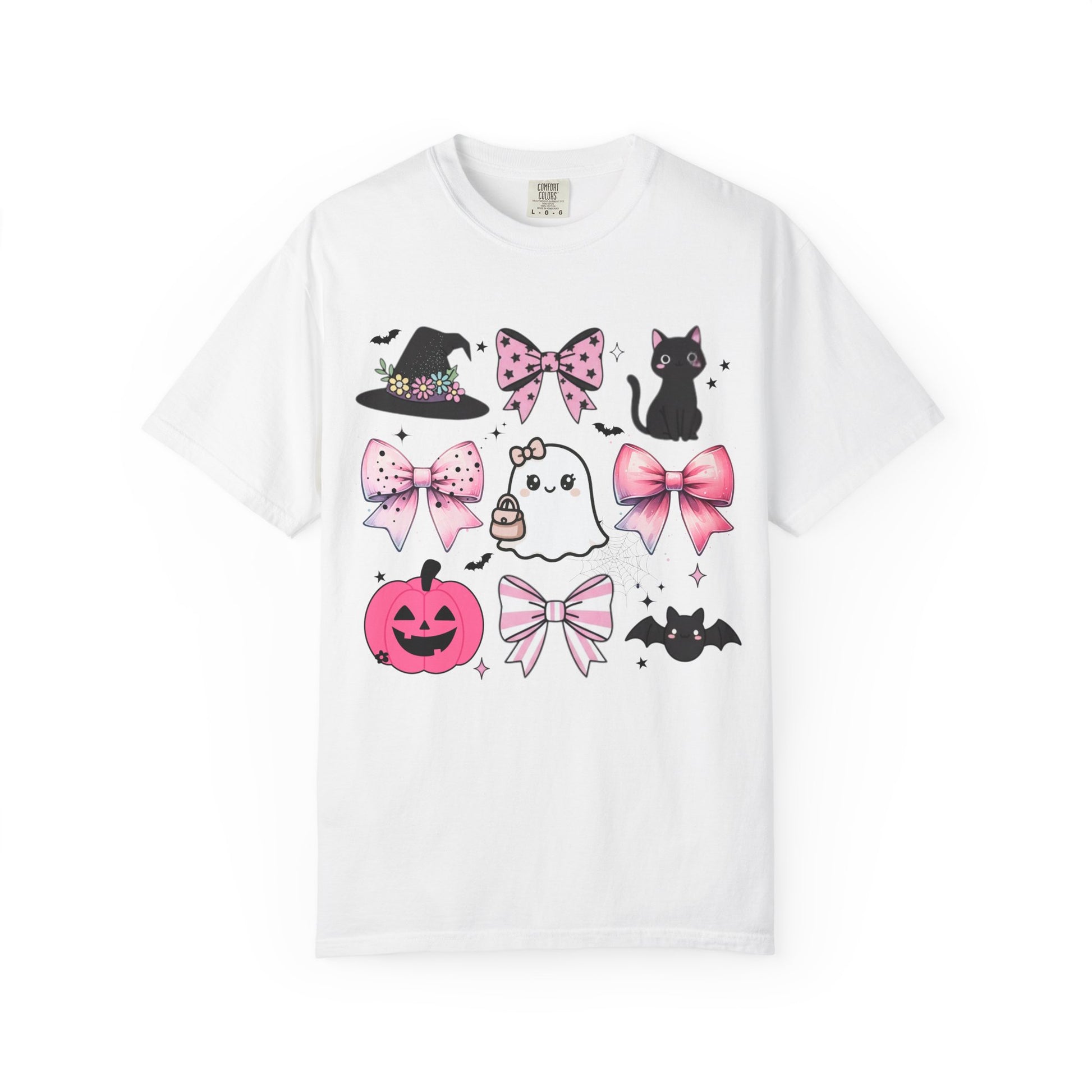 White t-shirt with Halloween-themed graphics on a white background
