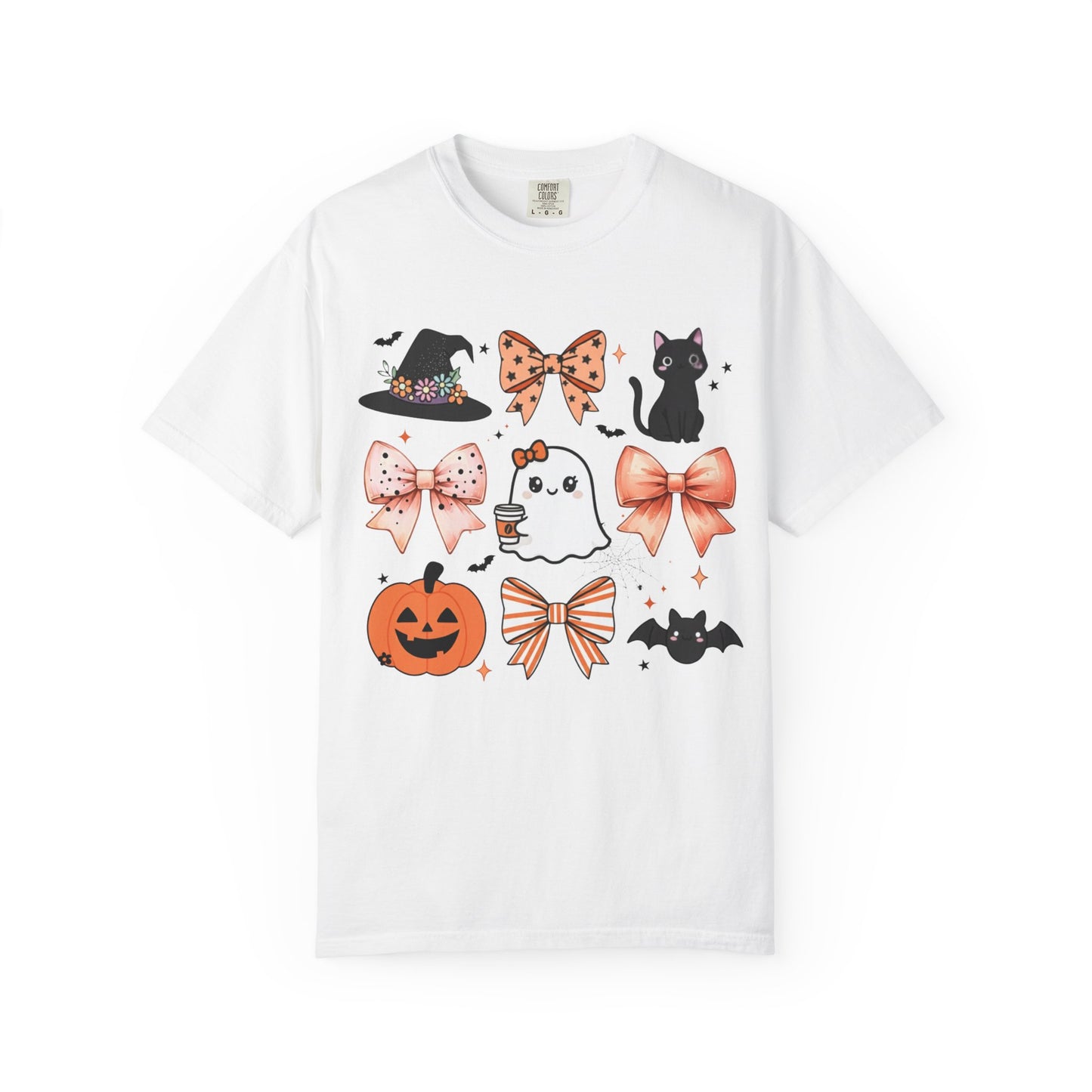 White t-shirt with Halloween-themed graphics on a white background