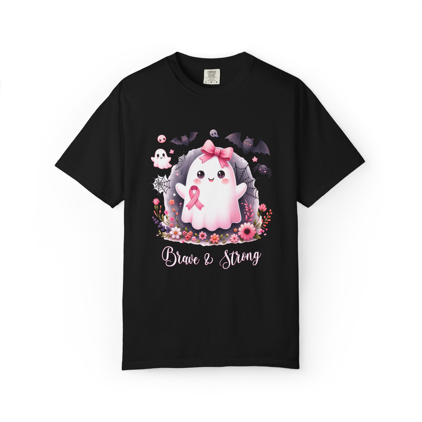 Black t-shirt with a cute ghost design featuring a pink ribbon and flowers on a white background.