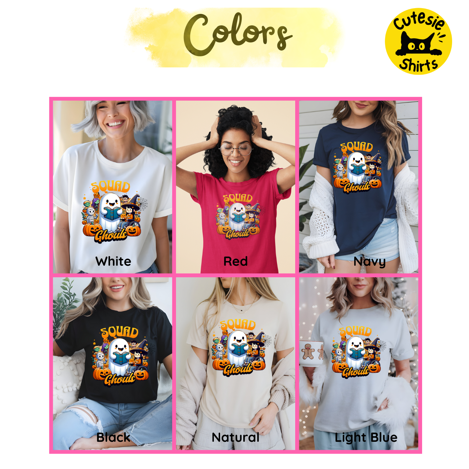 Collage of people wearing t-shirts in various colors with a 'Cutesie Shirts' logo.