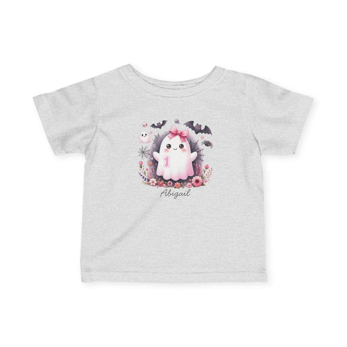 Gray t-shirt with a unicorn graphic and 'Abigail' text on a white background