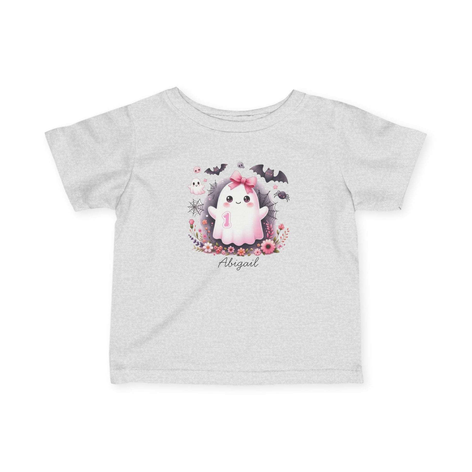 Gray t-shirt with a unicorn graphic and 'Abigail' text on a white background