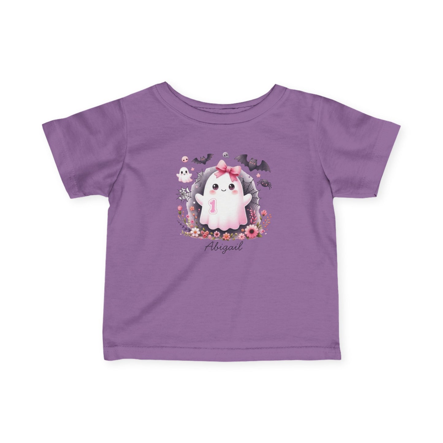Purple t-shirt with a ghost and floral design on a white background