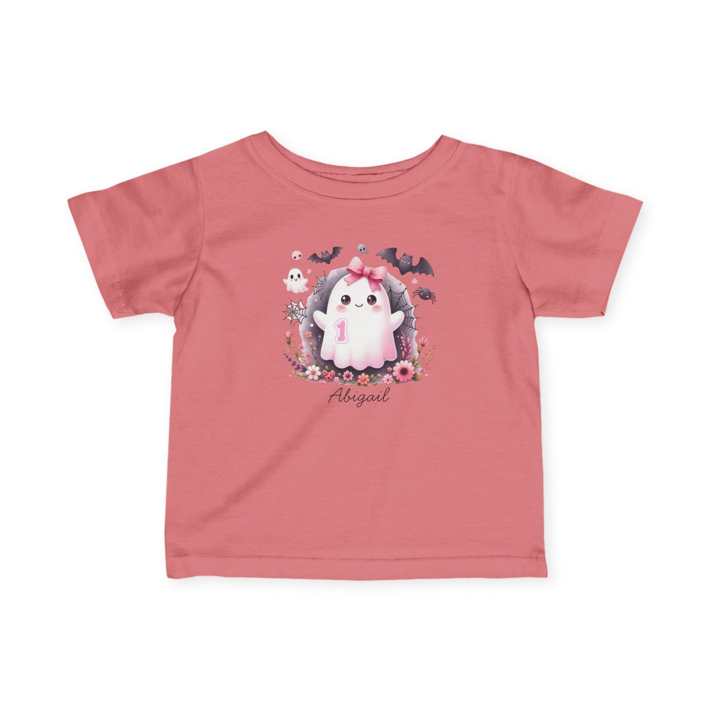 Pink t-shirt with a ghost and floral design on a white background