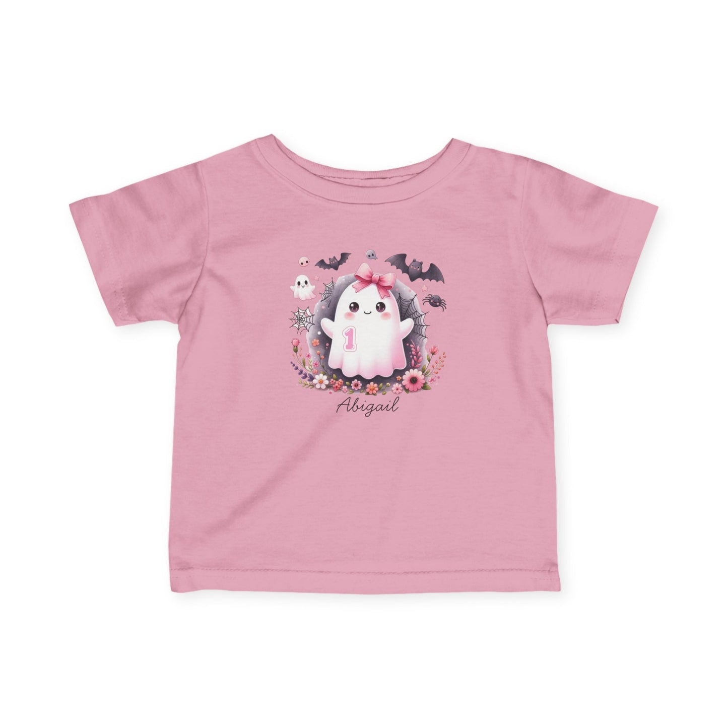 Pink t-shirt with a ghost and floral design on a white background