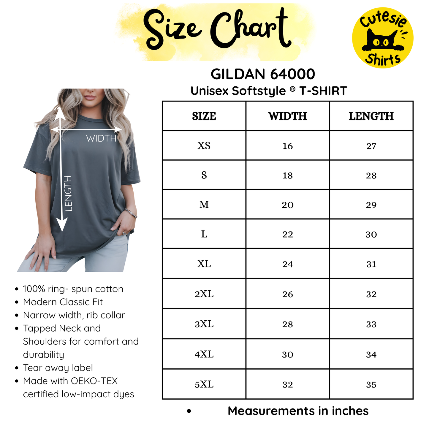 Size chart for Gildan 64000 Unisex Softstyle T-shirt with a woman wearing the shirt.