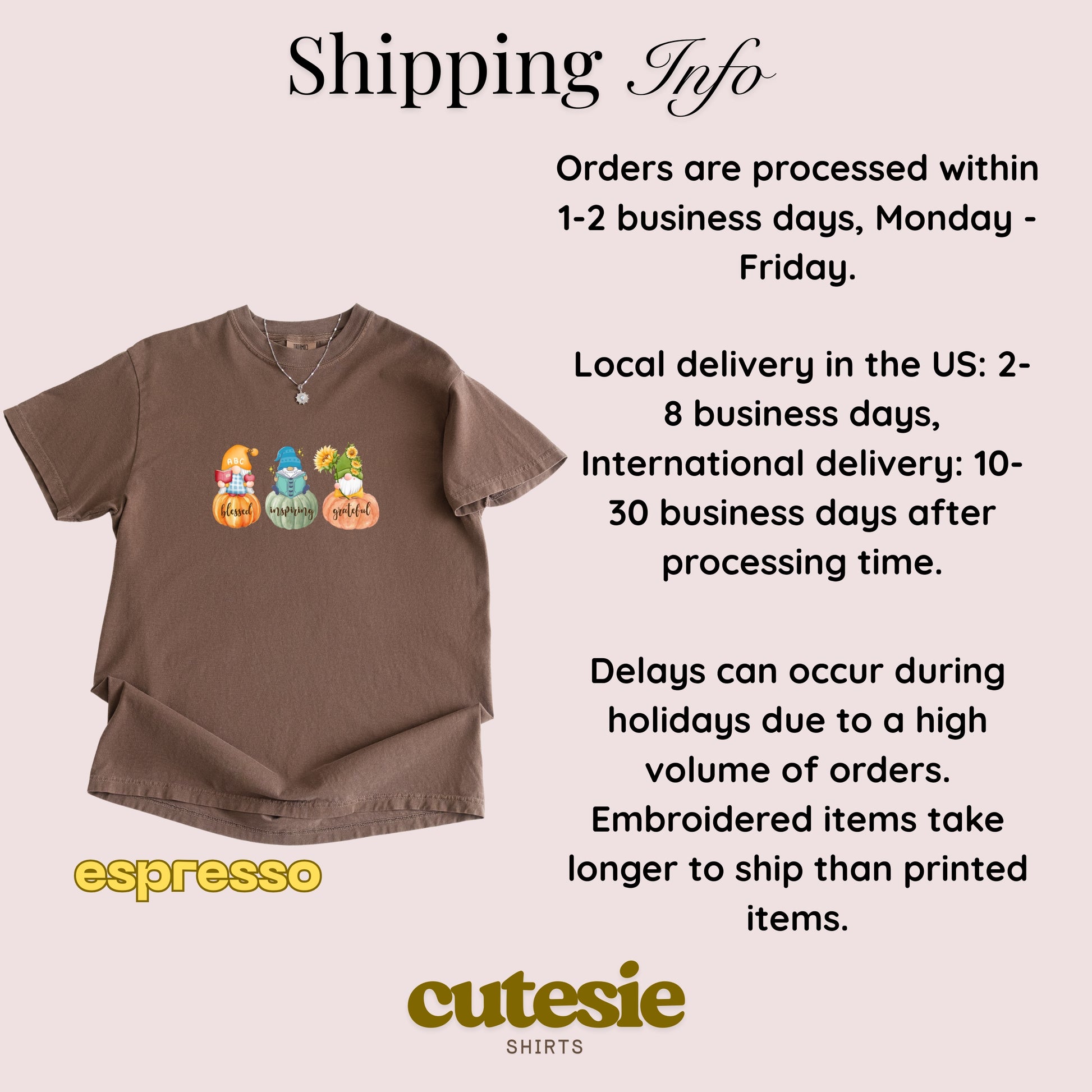 Brown t-shirt with pumpkins and text about shipping information on a light pink background