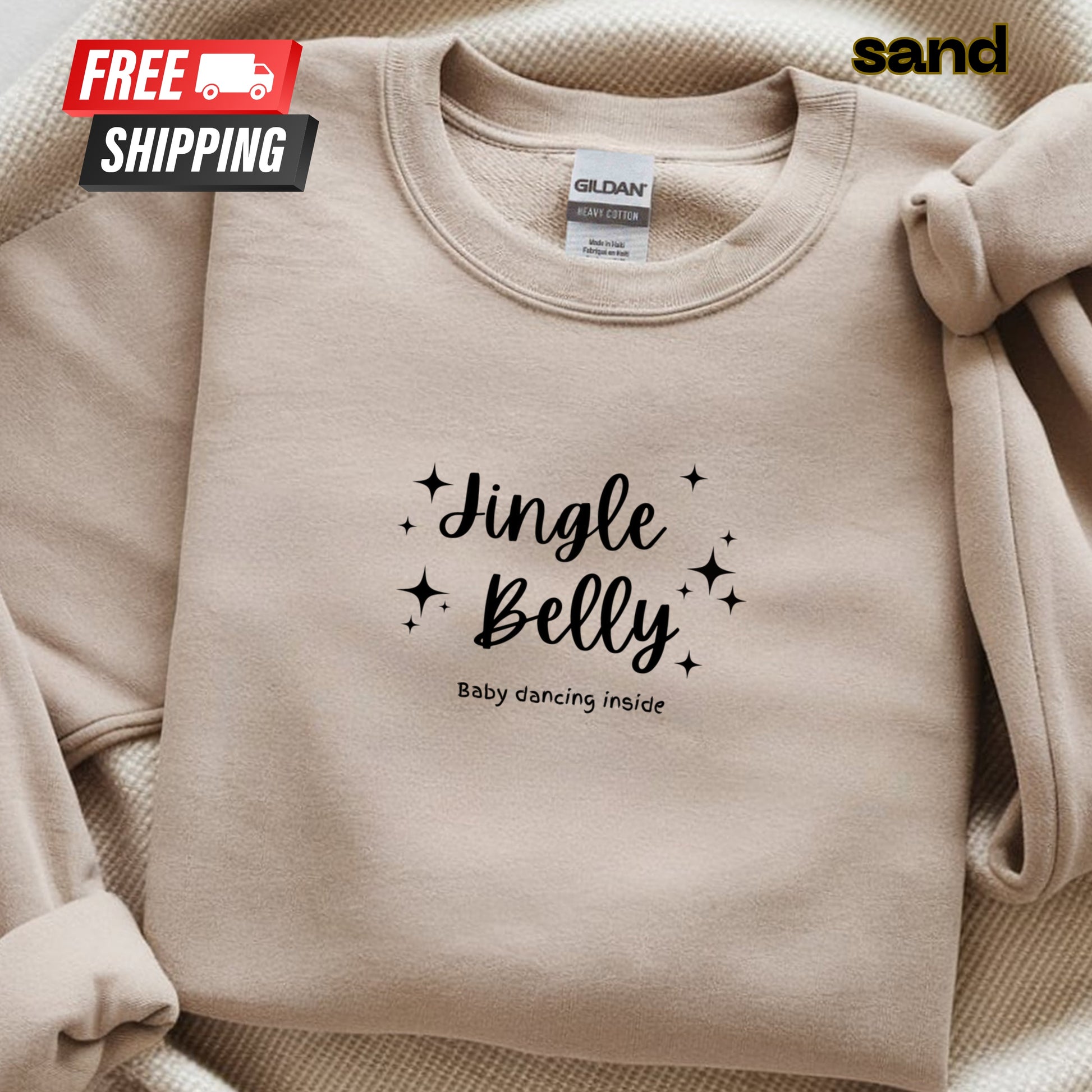 Beige sweatshirt with 'Jingle Belly' text on a beige background