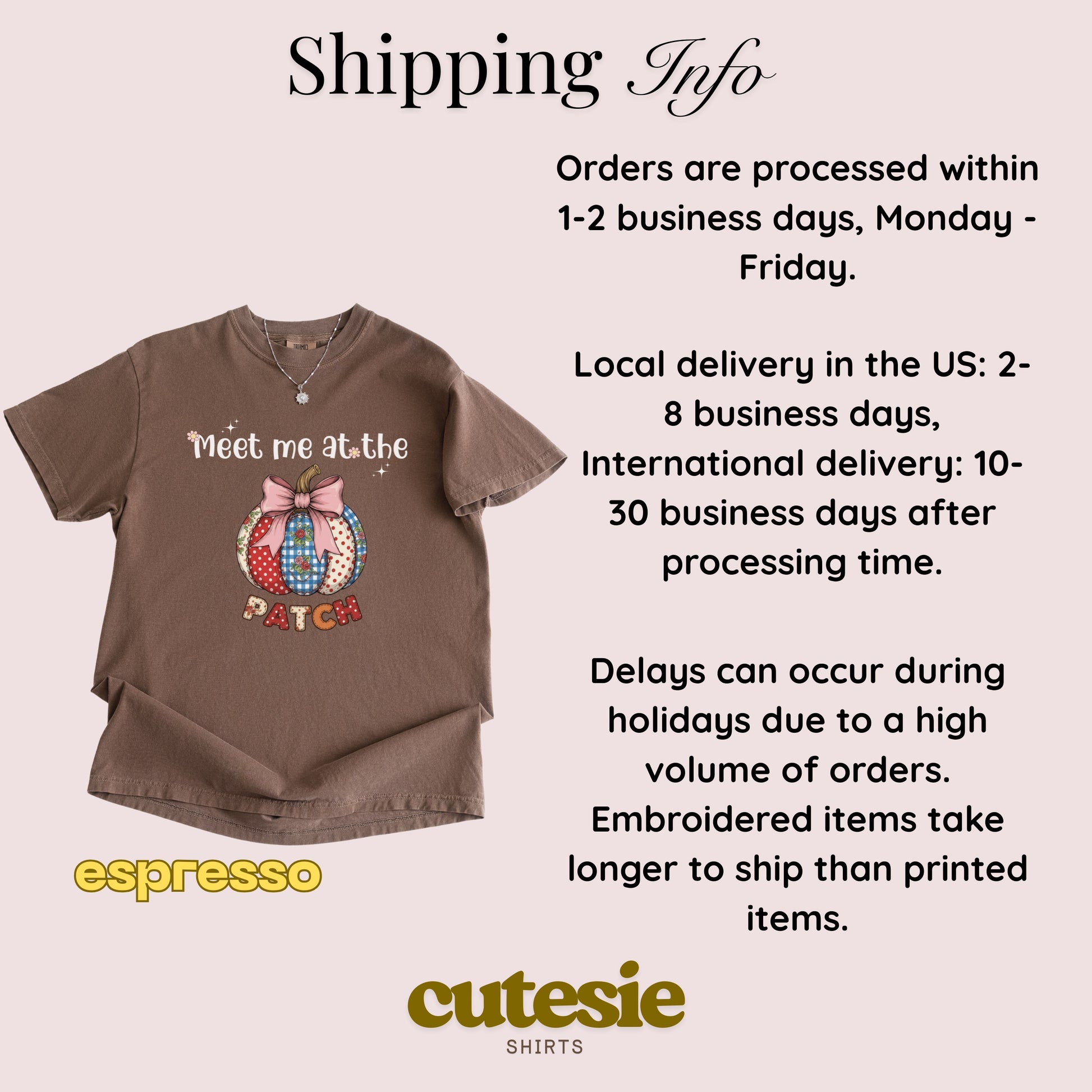 Brown t-shirt with a design and text 'Meet me at the patch' on a light pink background, with shipping information and Cutesie Shirts branding.