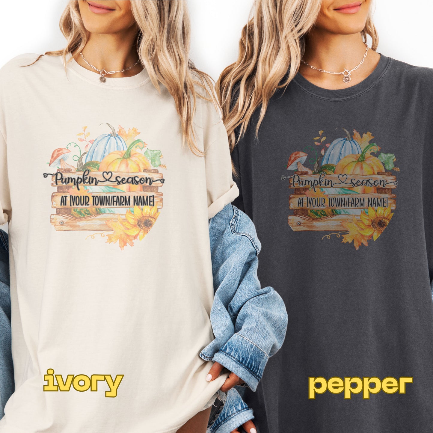 Two people wearing sweatshirts with a pumpkin season design, one in ivory and one in pepper color.