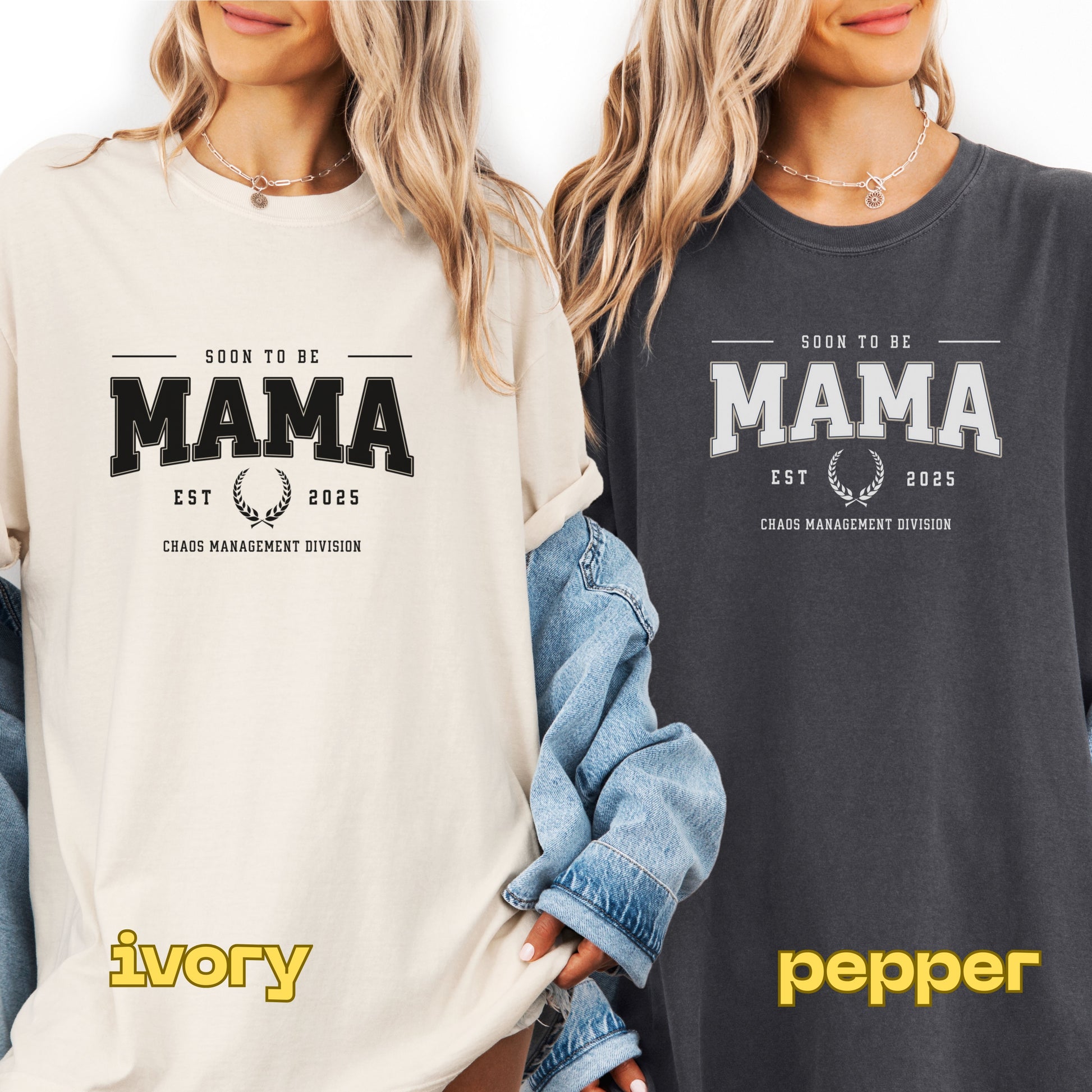 Two women wearing 'Soon to be Mama' t-shirts in ivory and pepper colors.
